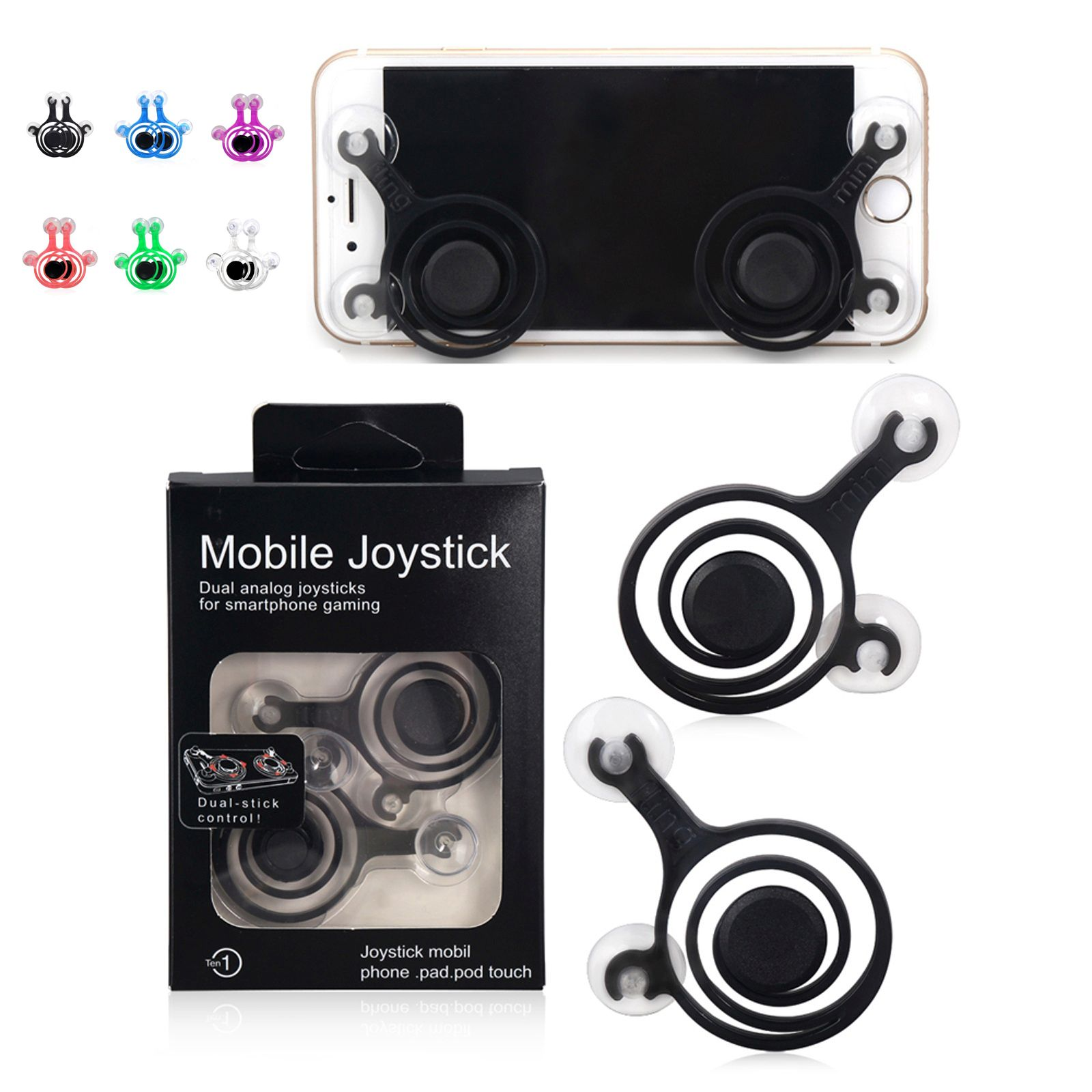 Mobile Joystick-Controller für Smartphones, verpackt und in Gebrauch, mit Saugnäpfen zur Befestigung.