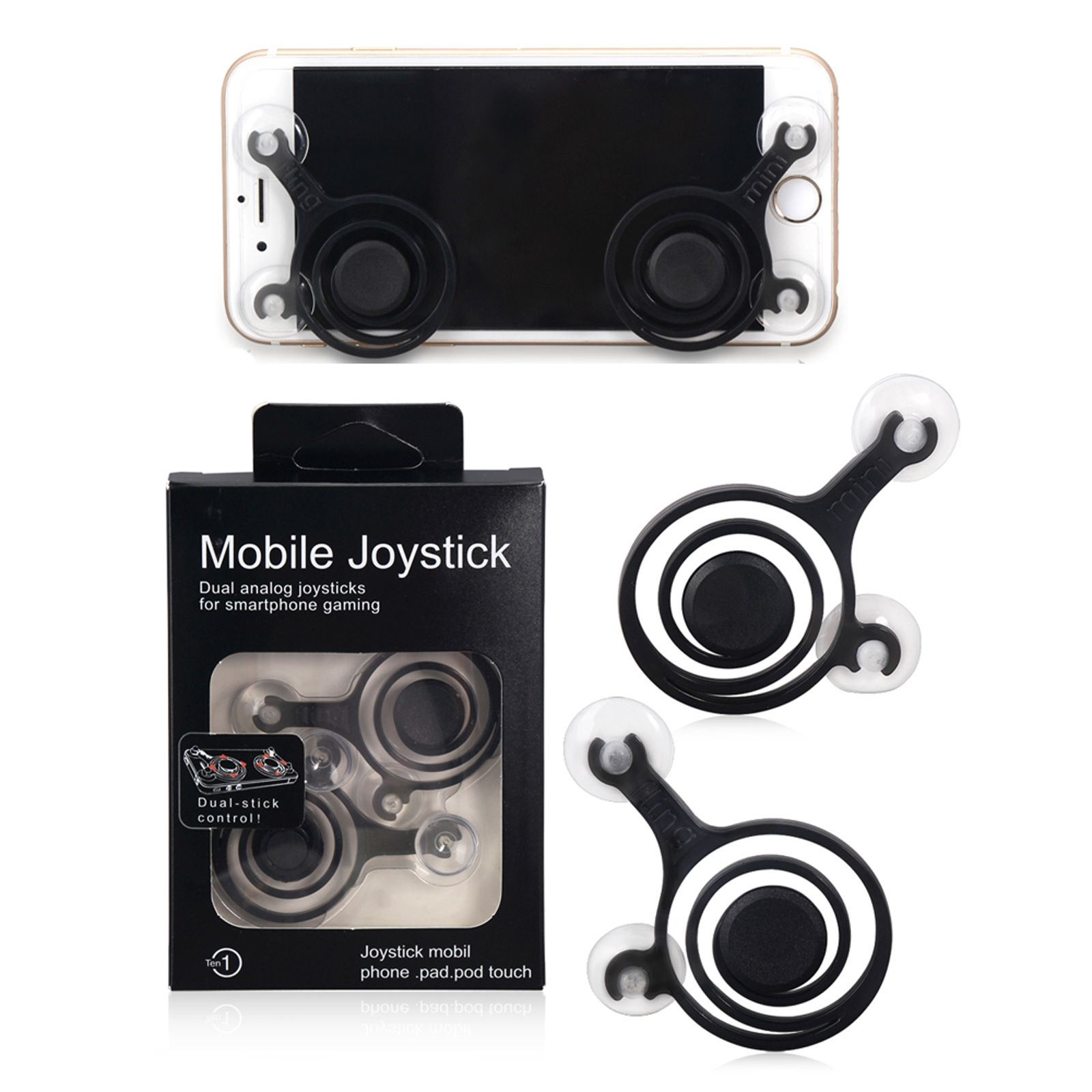 Mobiler Joystick mit zwei Joysticks auf einem Telefon. Eine Box mit ähnlichen Joysticks wird ebenfalls gezeigt.