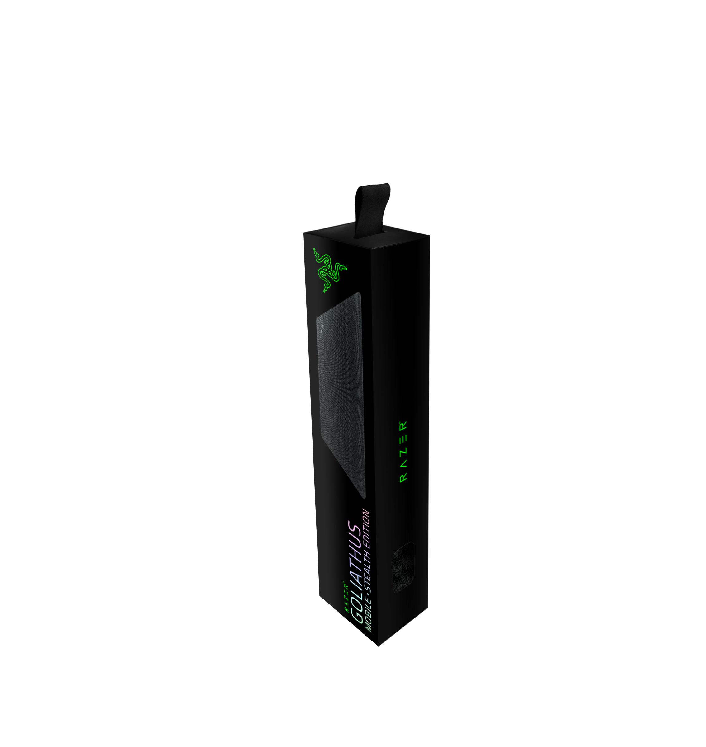 Scatola nera Razer Goliathus Mobile Stealth Edition, nera con logo verde. Sfondo bianco.