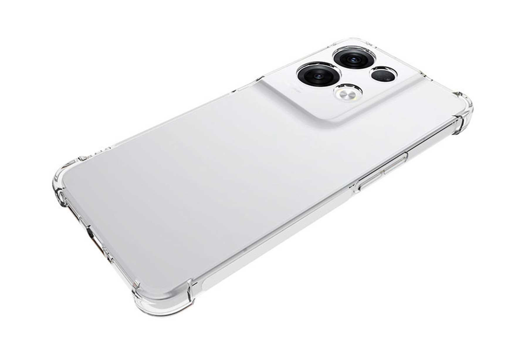 Eine transparente Handyhülle mit einem Telefon darin, leicht angewinkelt, vor weißem Hintergrund isoliert.
