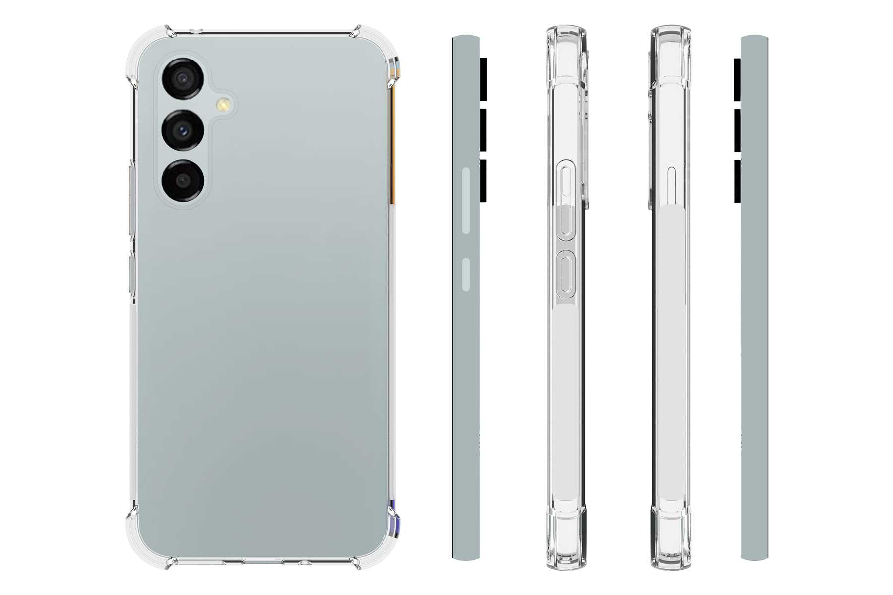 Eine transparente Handyhülle auf einem grauen Telefon, mit sichtbaren Kameralinsen. Die Hülle hat verstärkte Ecken.