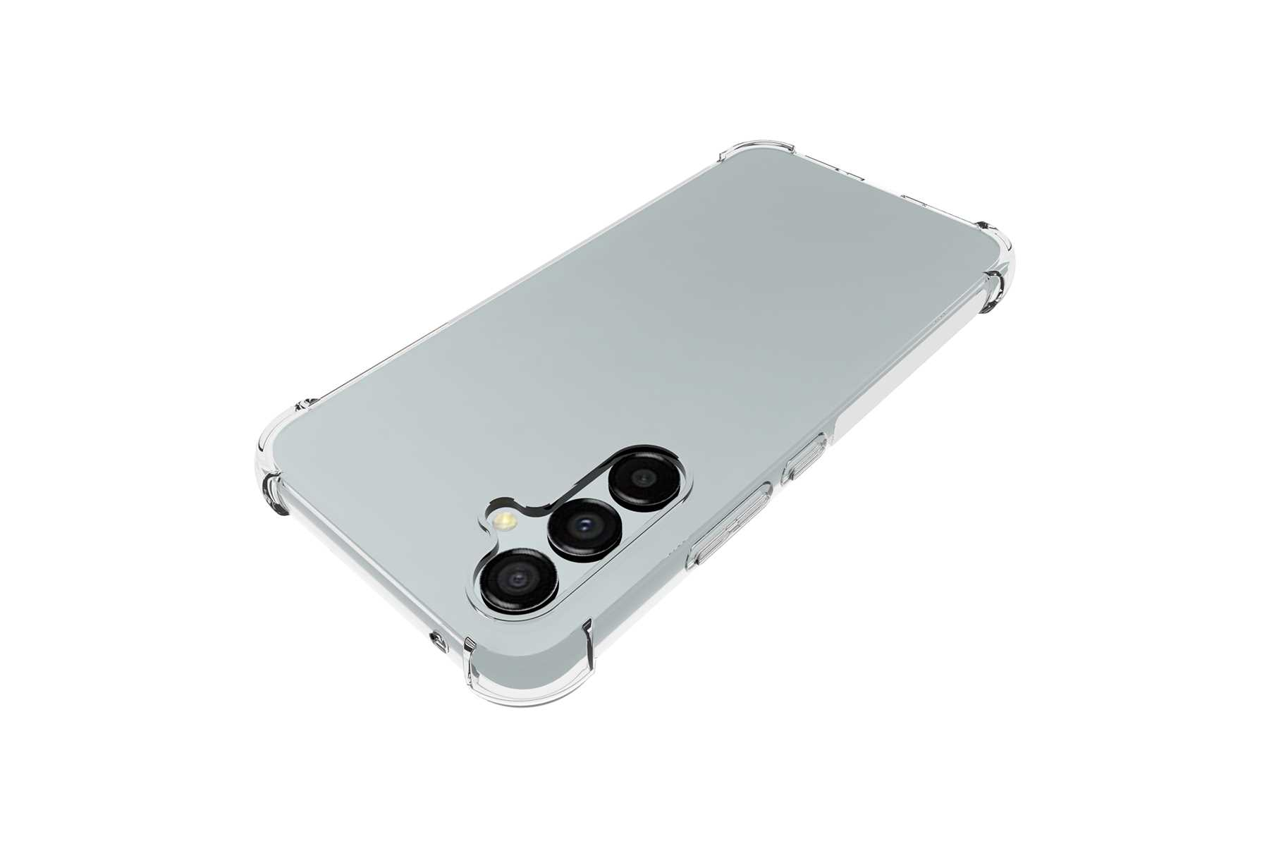 Eine transparente Handyhülle auf einer weißen Oberfläche. Die Hülle umschließt das Telefon und schützt die Kamera.