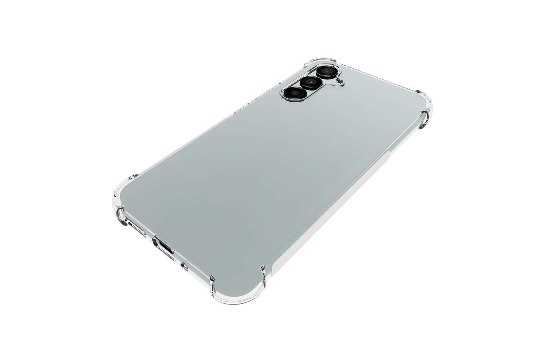Transparente Handyhülle auf Weiß. Hat Kameraausschnitte. Kante hat klare Stoßfänger.