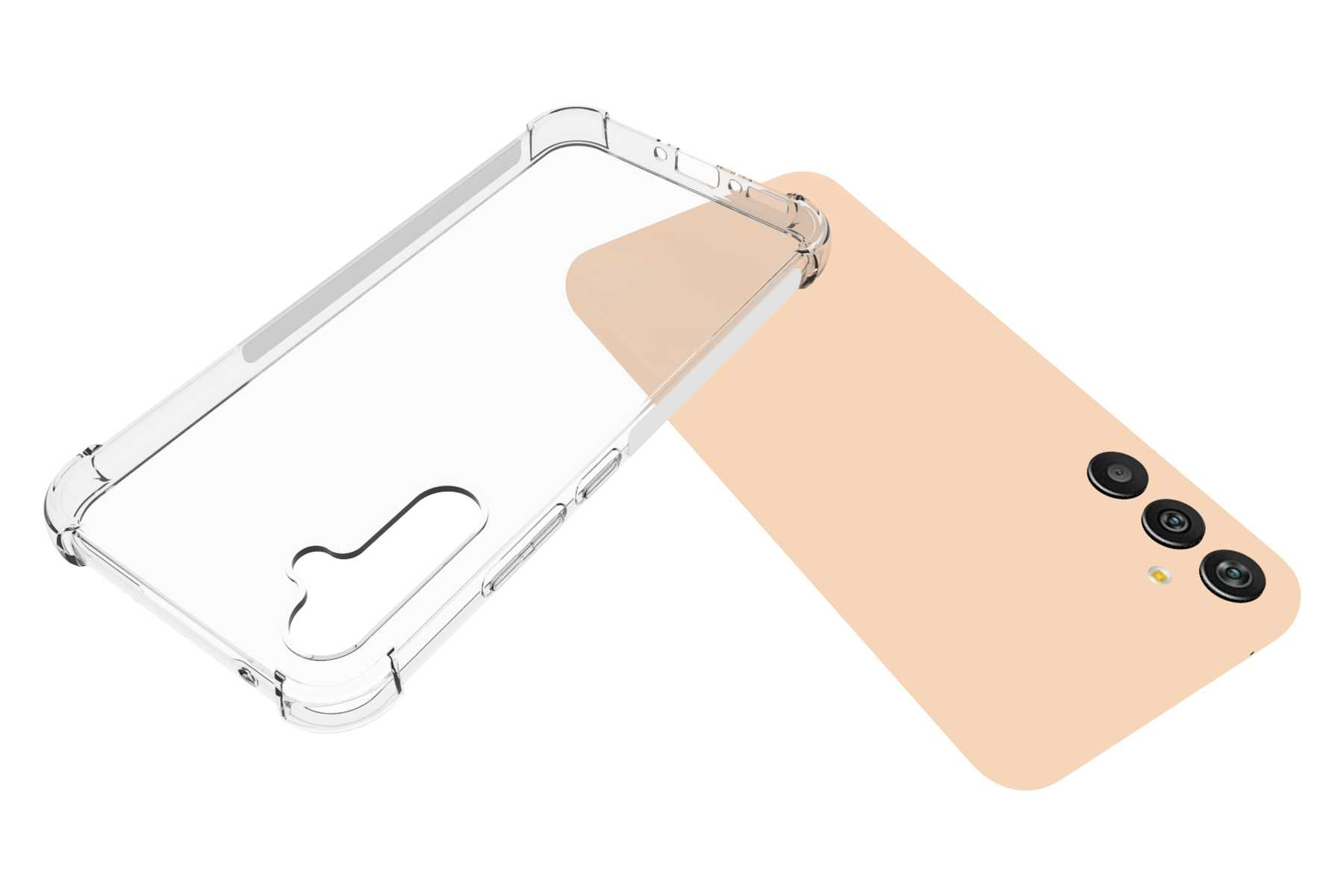 Transparente Handyhülle und Telefon. Das Telefon ist pfirsichfarben. Weißer Hintergrund.
