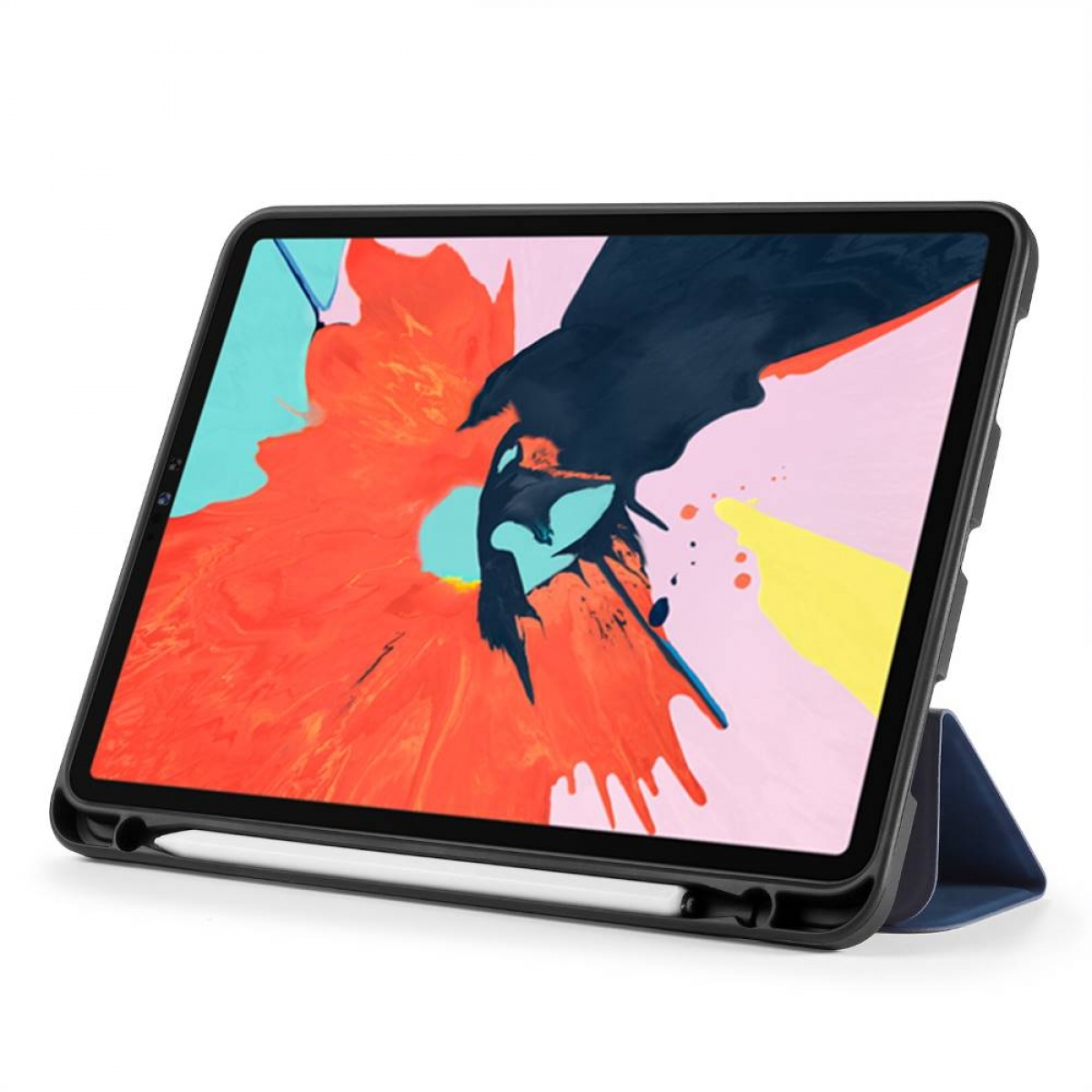 Ein Tablet in einer schwarzen Hülle mit einem Stift.