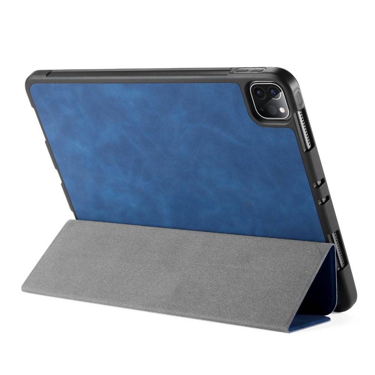 Blaue iPad-Hülle mit grauem Ständer auf weißem Hintergrund.