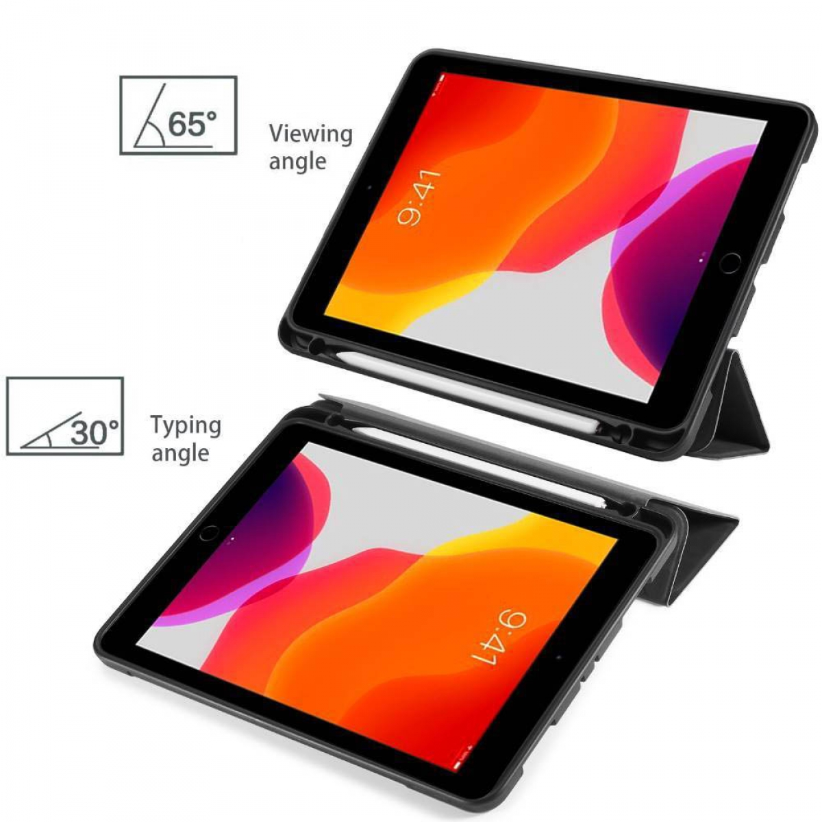 Zwei iPads in schwarzen Hüllen mit Stift, auf weißer Oberfläche. Anzeige- und Tippwinkel gezeigt.