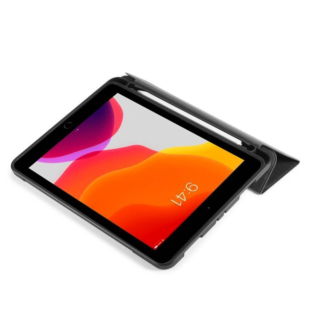 Eine schwarze Tablet-Hülle mit einem Tablet, das einen orangefarbenen und gelben Hintergrund zeigt.