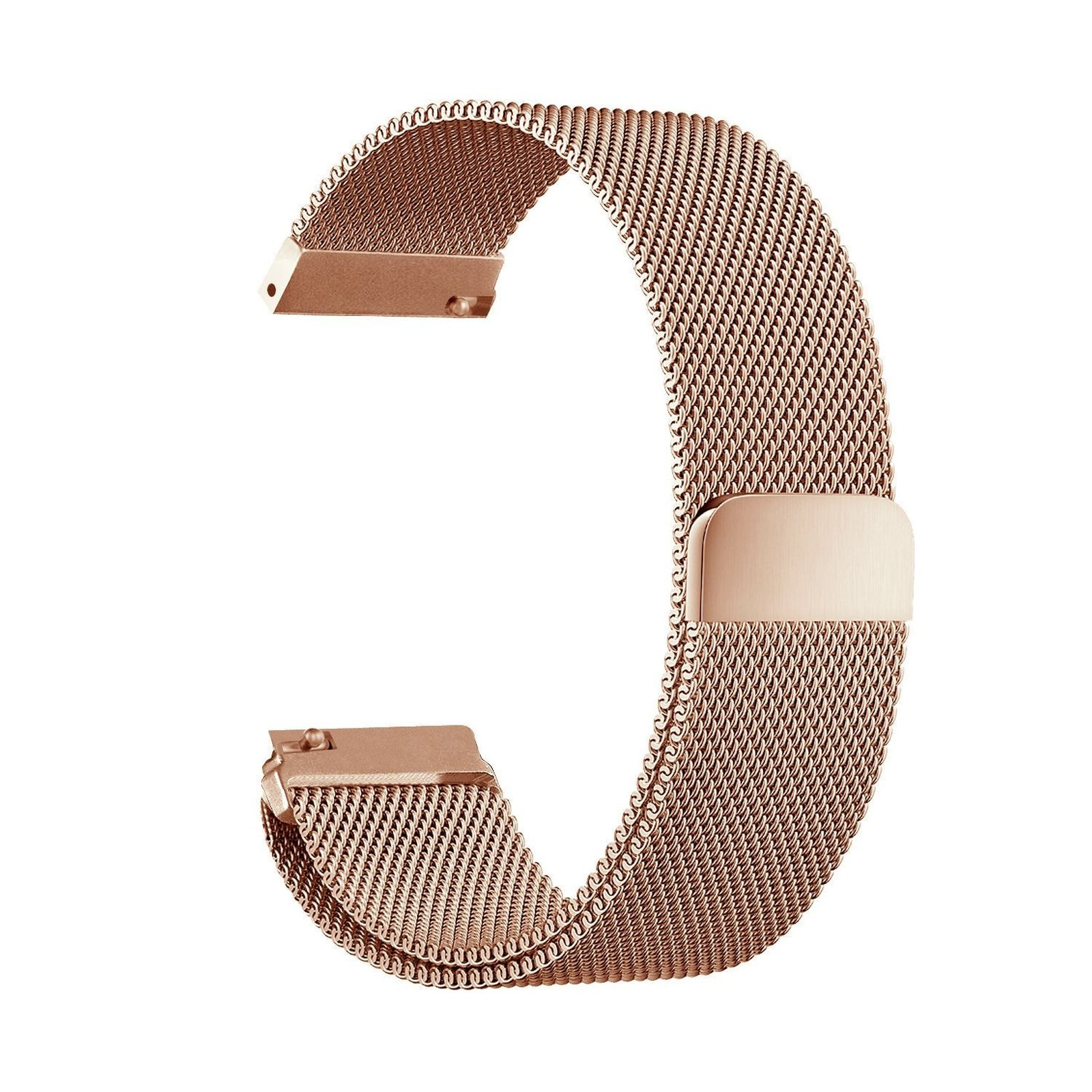 Una correa de reloj de malla curva, oro rosa, mostrada contra fondo blanco.