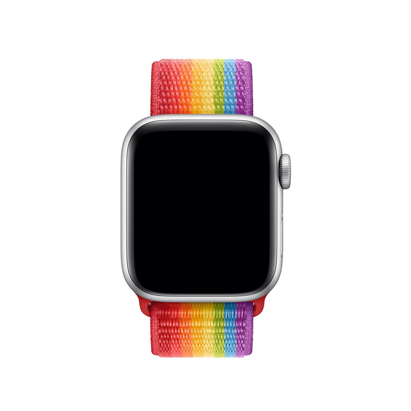 Apple Watch con correa de colores arcoíris. La esfera del reloj es negra y la caja plateada.