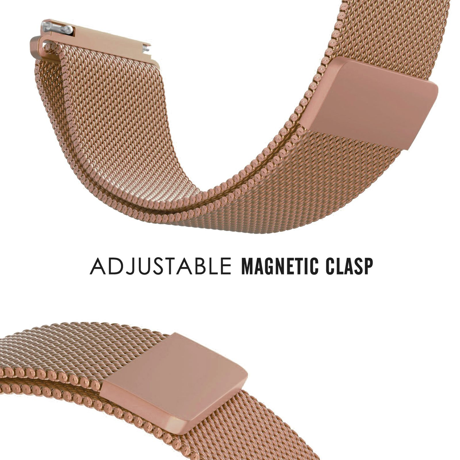 Correa de reloj oro rosa con cierre magnético. Fondo blanco.
