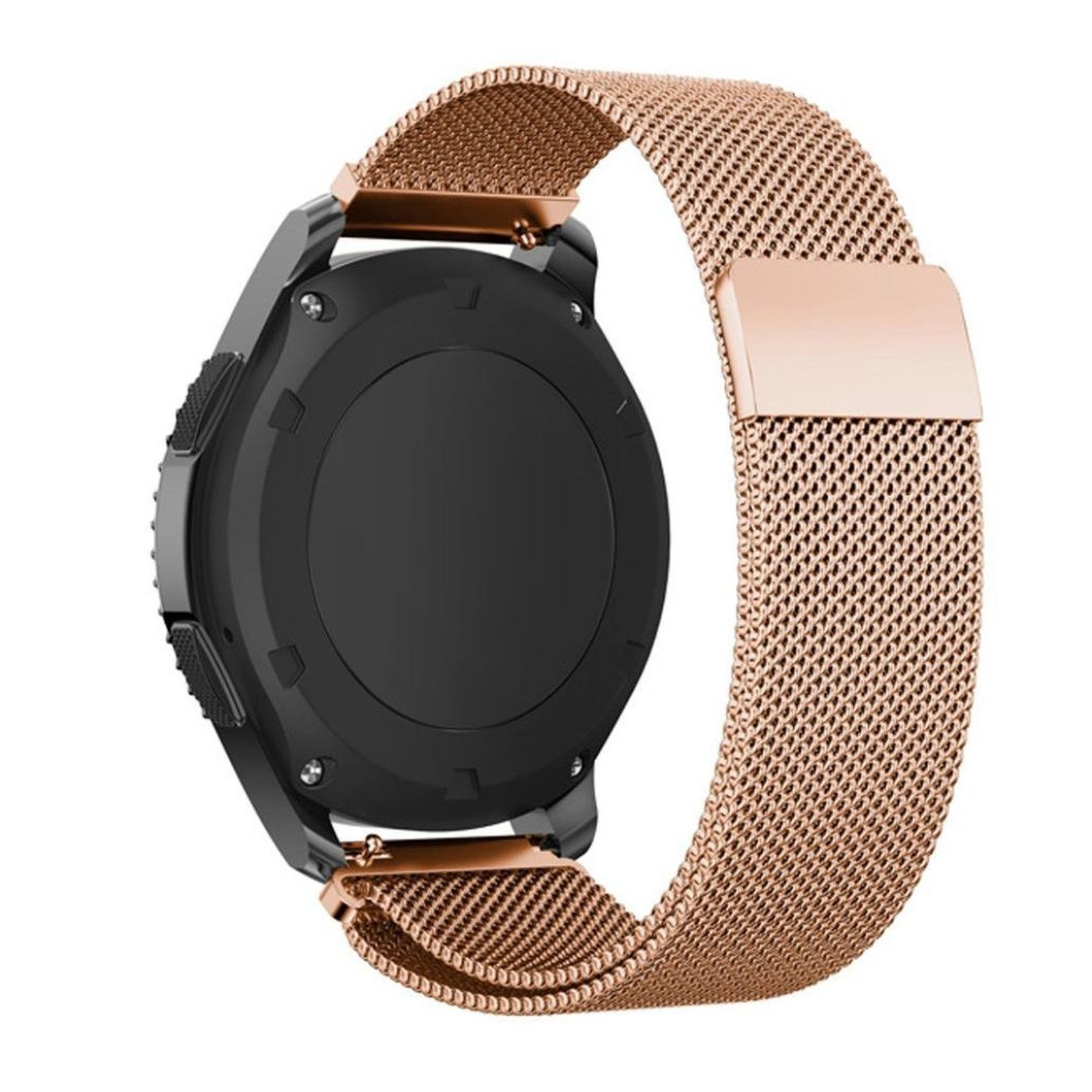 Smartwatch negra con correa oro rosa. Fondo blanco.