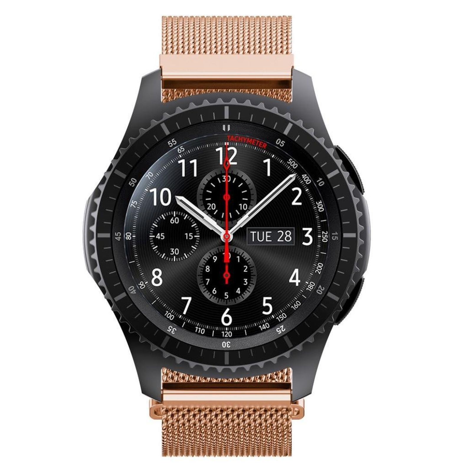 Smartwatch negra con correa oro rosa, mostrando la fecha. Fondo blanco.