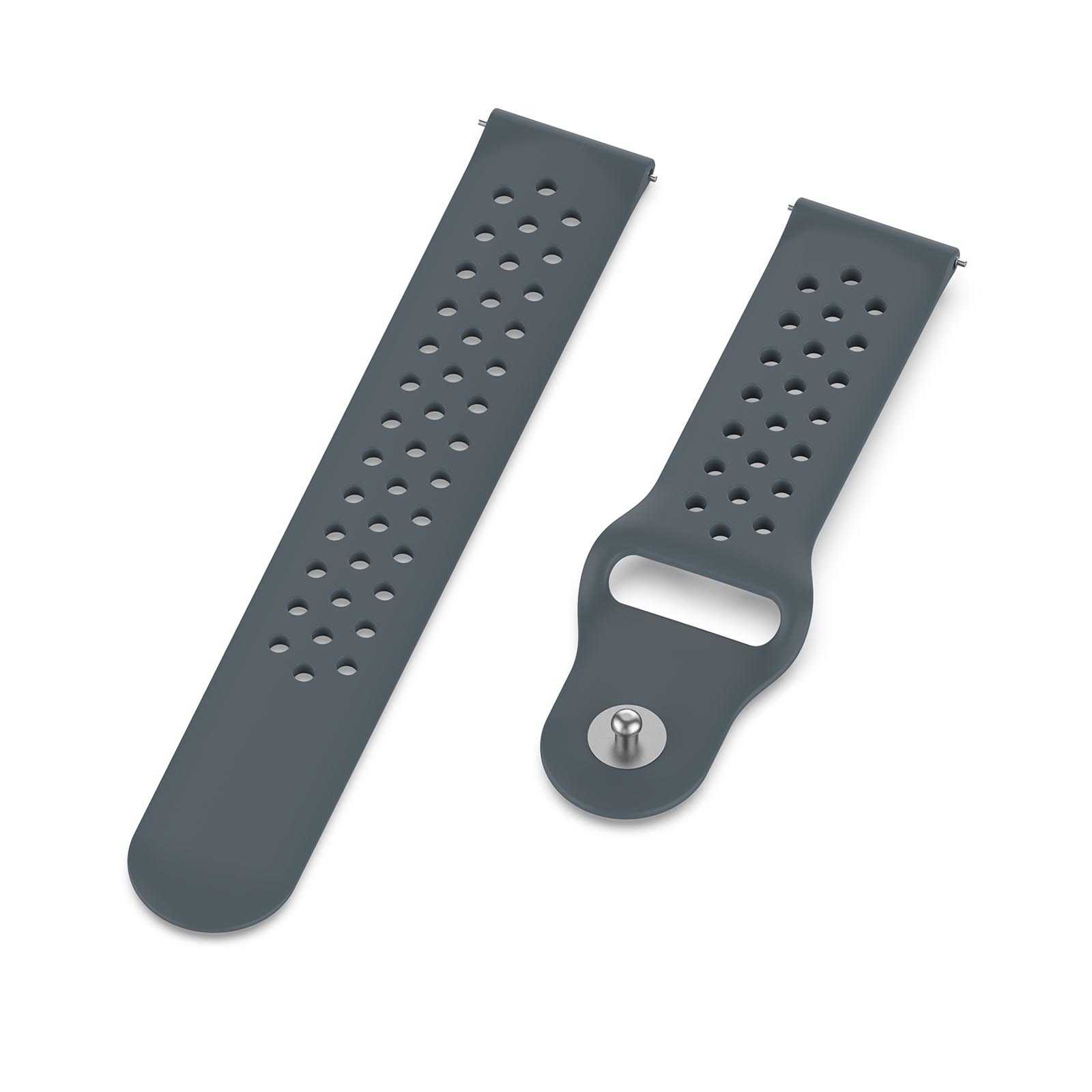 Dos correas de reloj grises con agujeros. Una tiene una hebilla.
