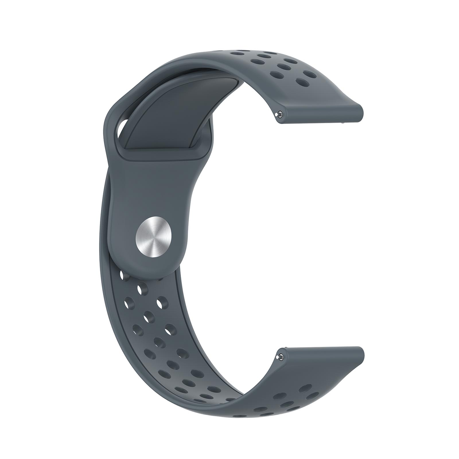 Correa de reloj gris oscuro. Tiene perforaciones y hebilla de metal. La correa es curva.