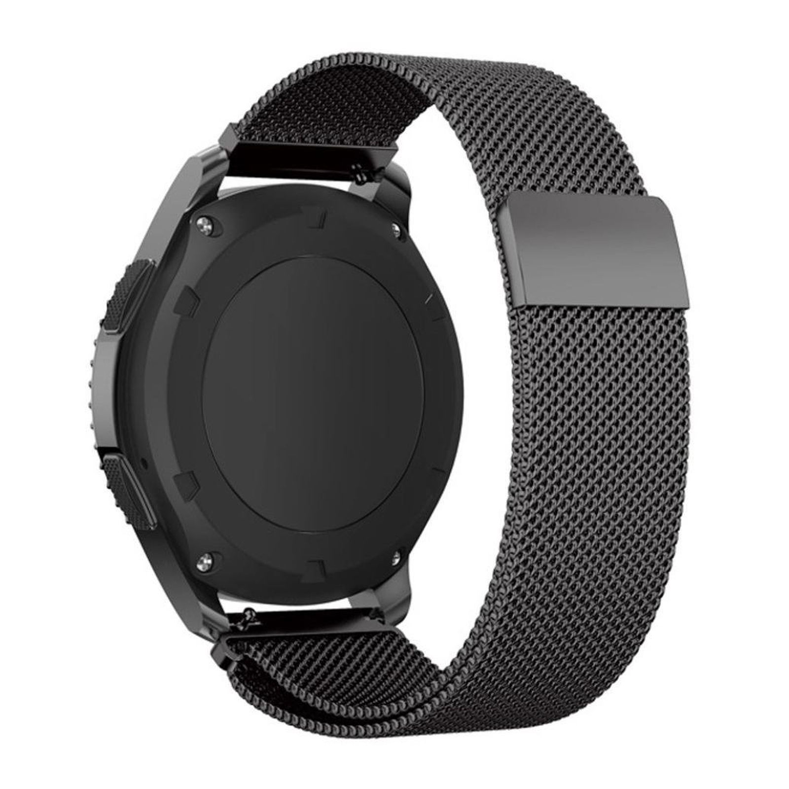 Smartwatch negra con correa de malla negra. El reloj está sobre fondo blanco.