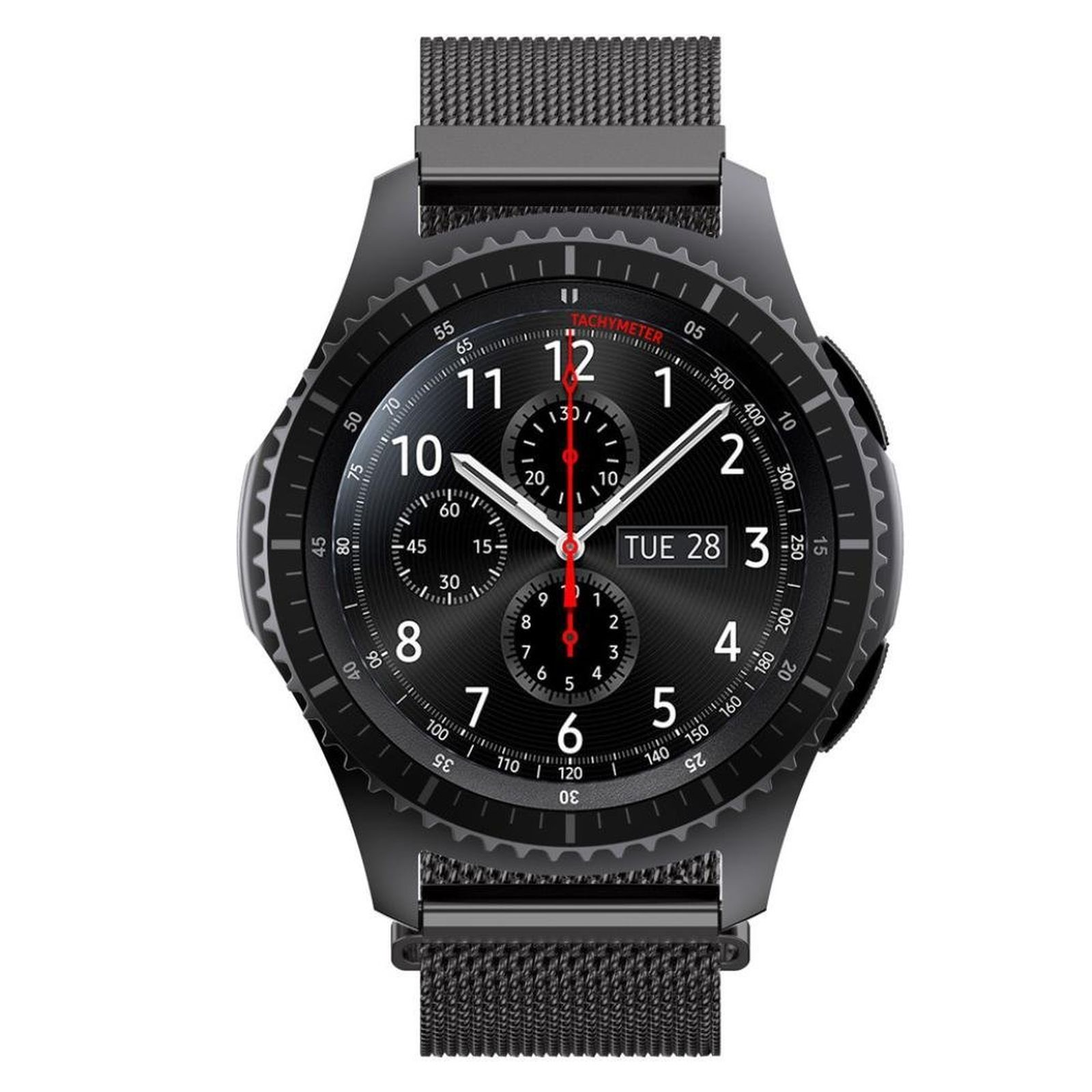 Smartwatch negra sobre fondo blanco. La esfera muestra la fecha y hora.