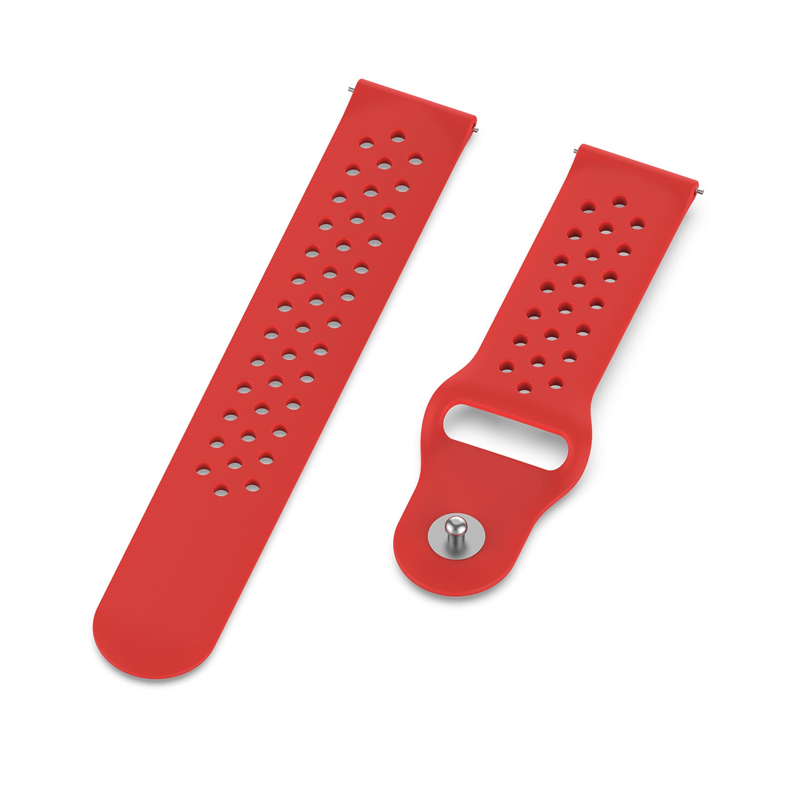 Zwei rote Uhrenarmbänder. Eines wird mit Löchern gezeigt.