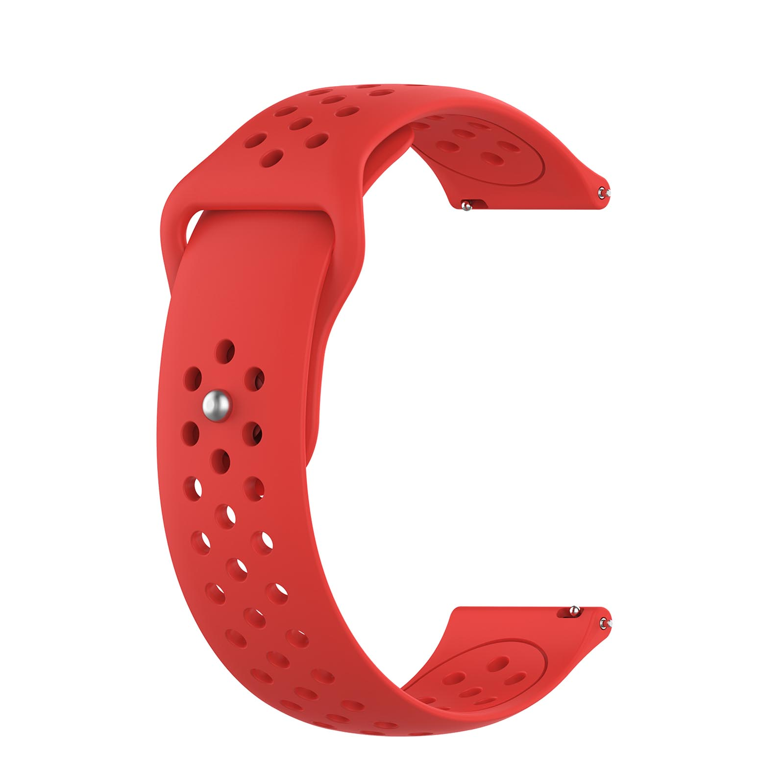 Rotes Uhrenarmband mit Löchern und einem silbernen Stift. C-förmig. Weißer Hintergrund.