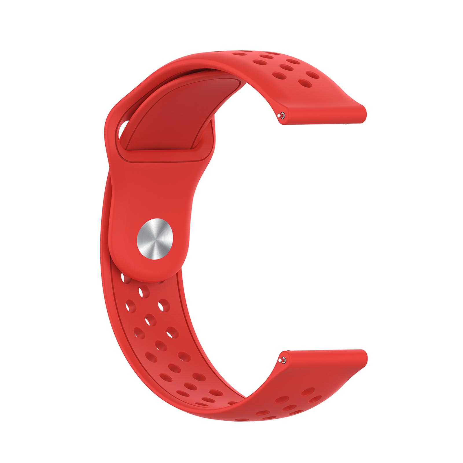Rotes Uhrenarmband mit Löchern. Es hat eine silberne Schnalle. Weißer Hintergrund.