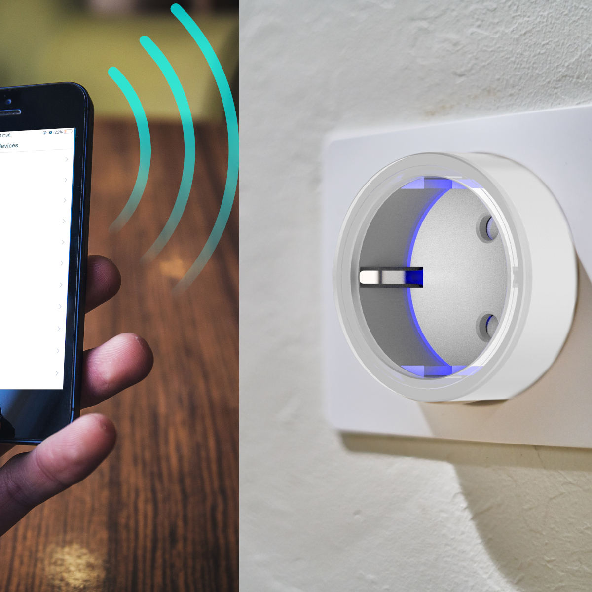 Smartfon w dłoni i inteligentne gniazdo w ścianie. Obecne niebieskie sygnały.