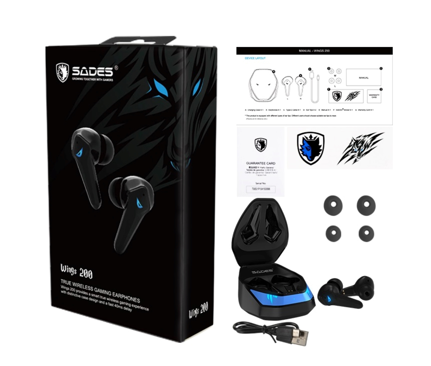 SADES Wings 200 Bluetooth In-ear schwarz/blau Gaming-Kopfhöhrer TW-S02