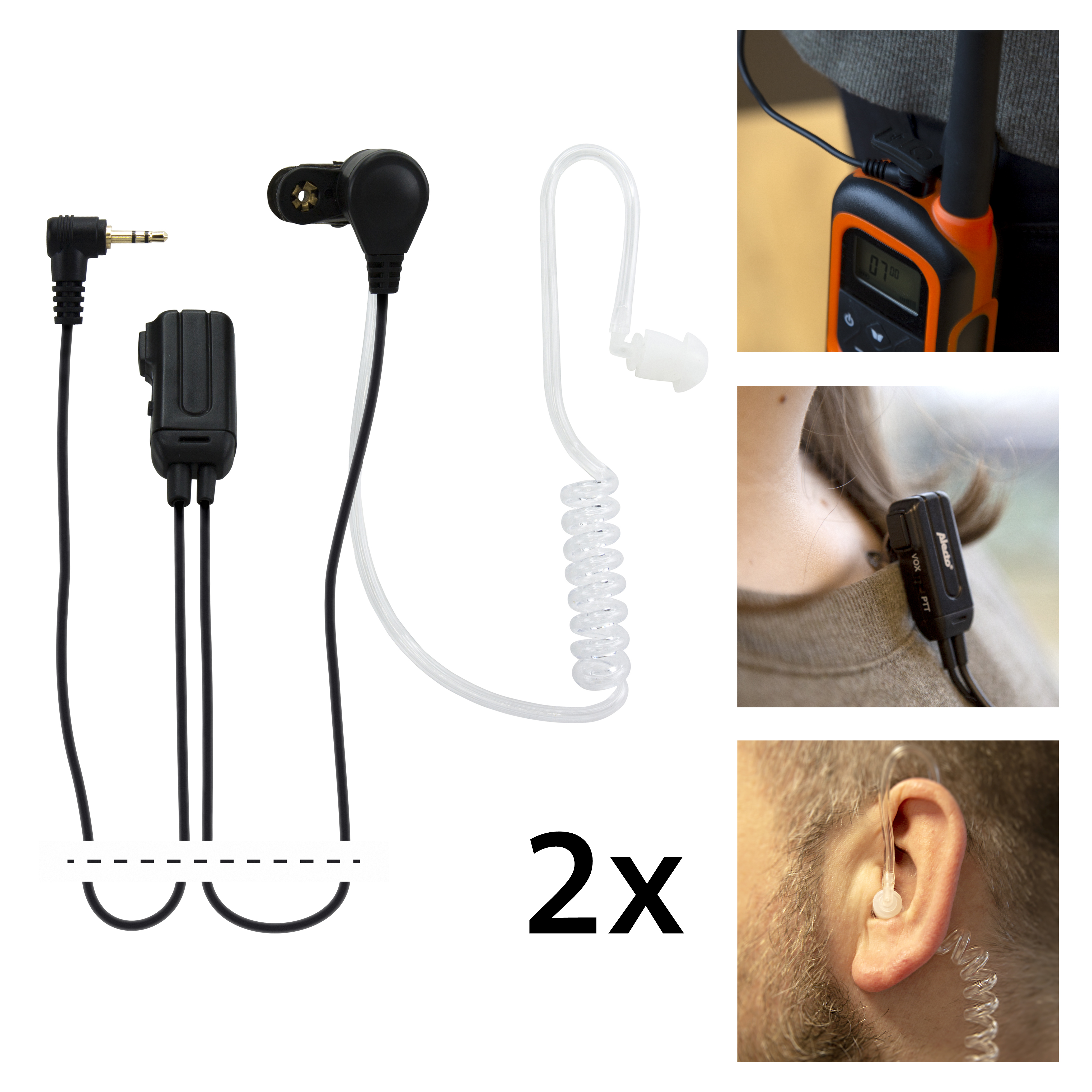 Kopfhörer und Zubehör, einschließlich Spiralschlauch und verschiedene Anschlusskabel und Stecker.