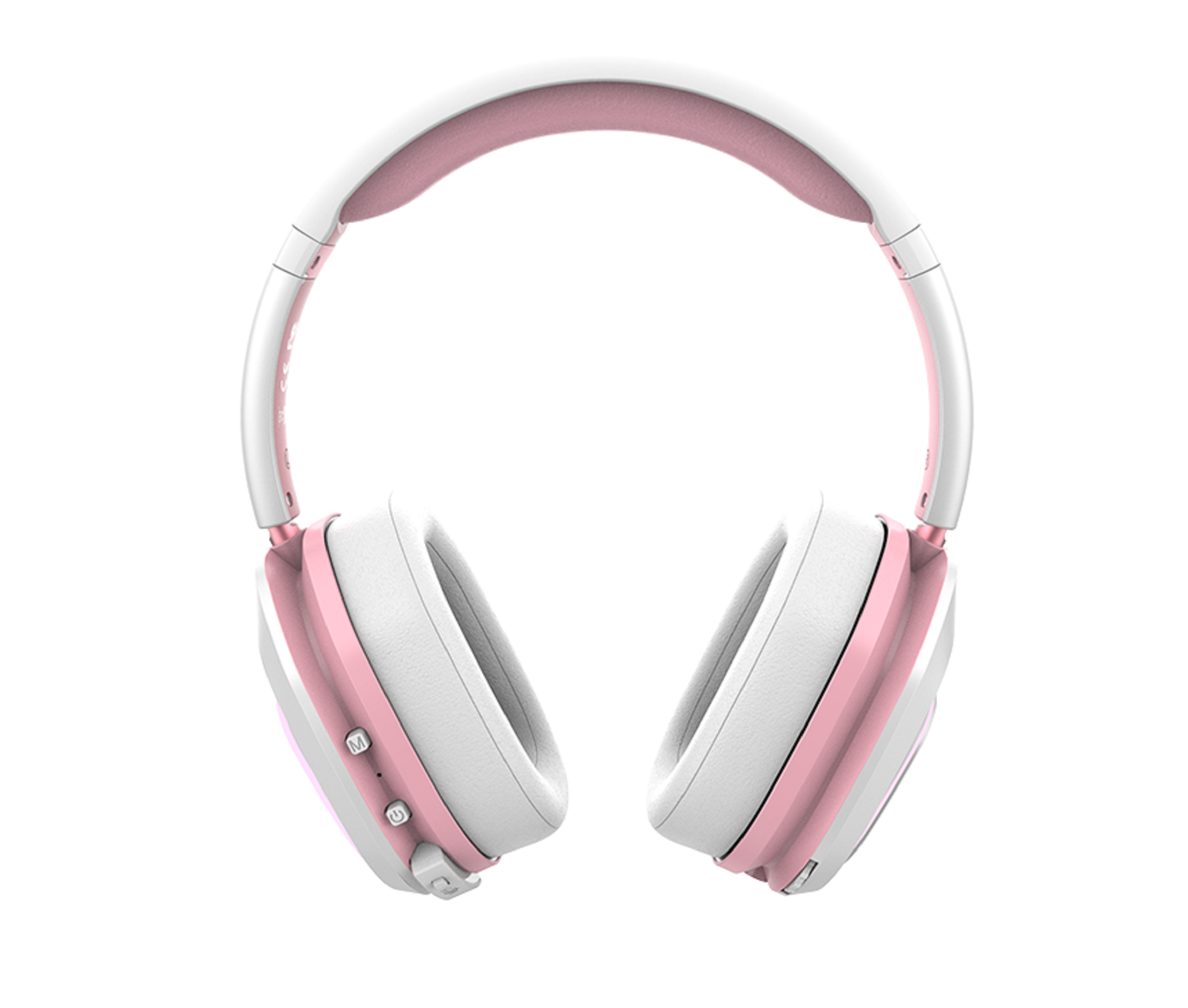 Weiße und rosa Kopfhörer mit weißem Stirnband auf weißem Hintergrund.