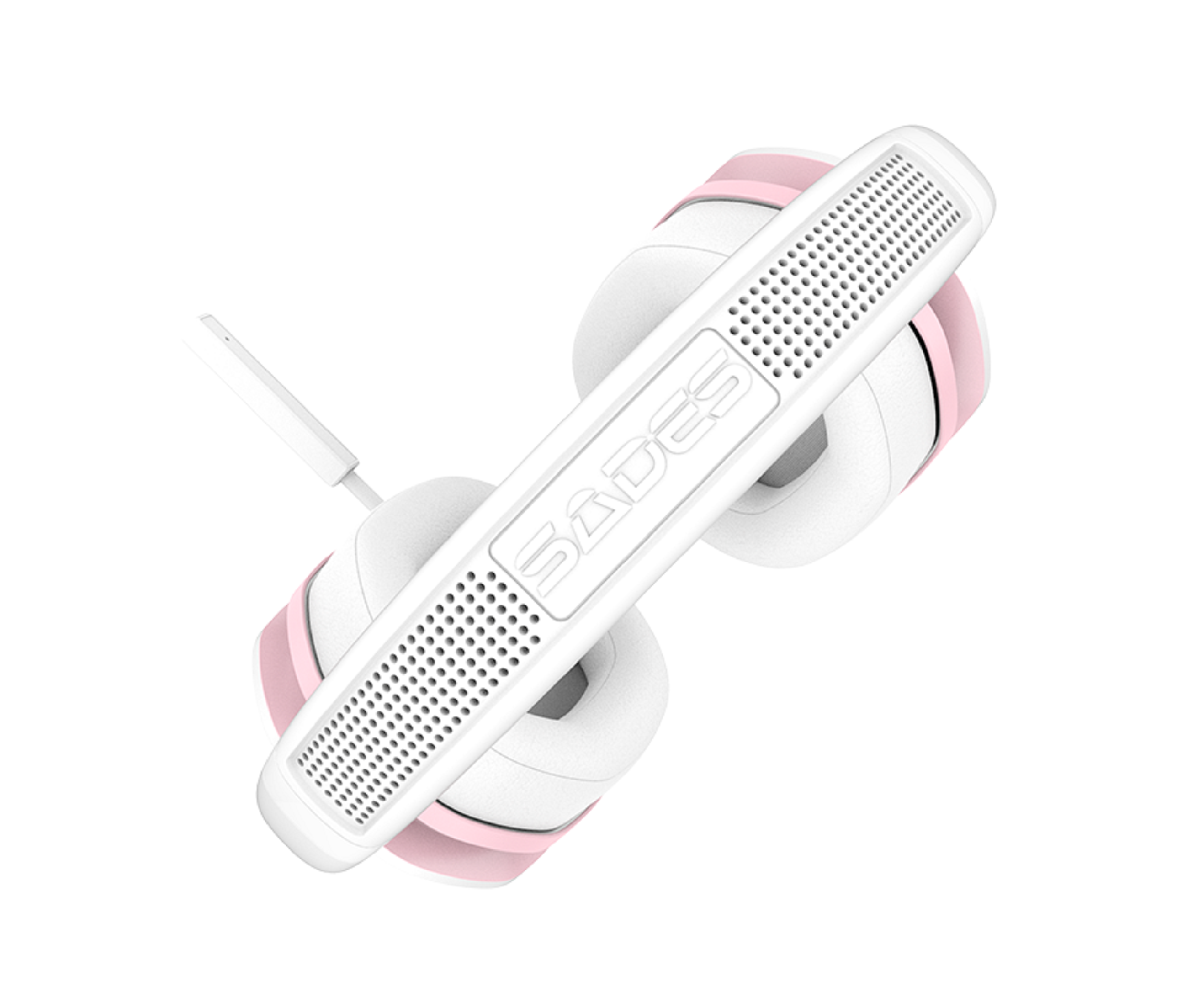 Weißes und rosa Headset abgewinkelt, auf weißem Hintergrund.