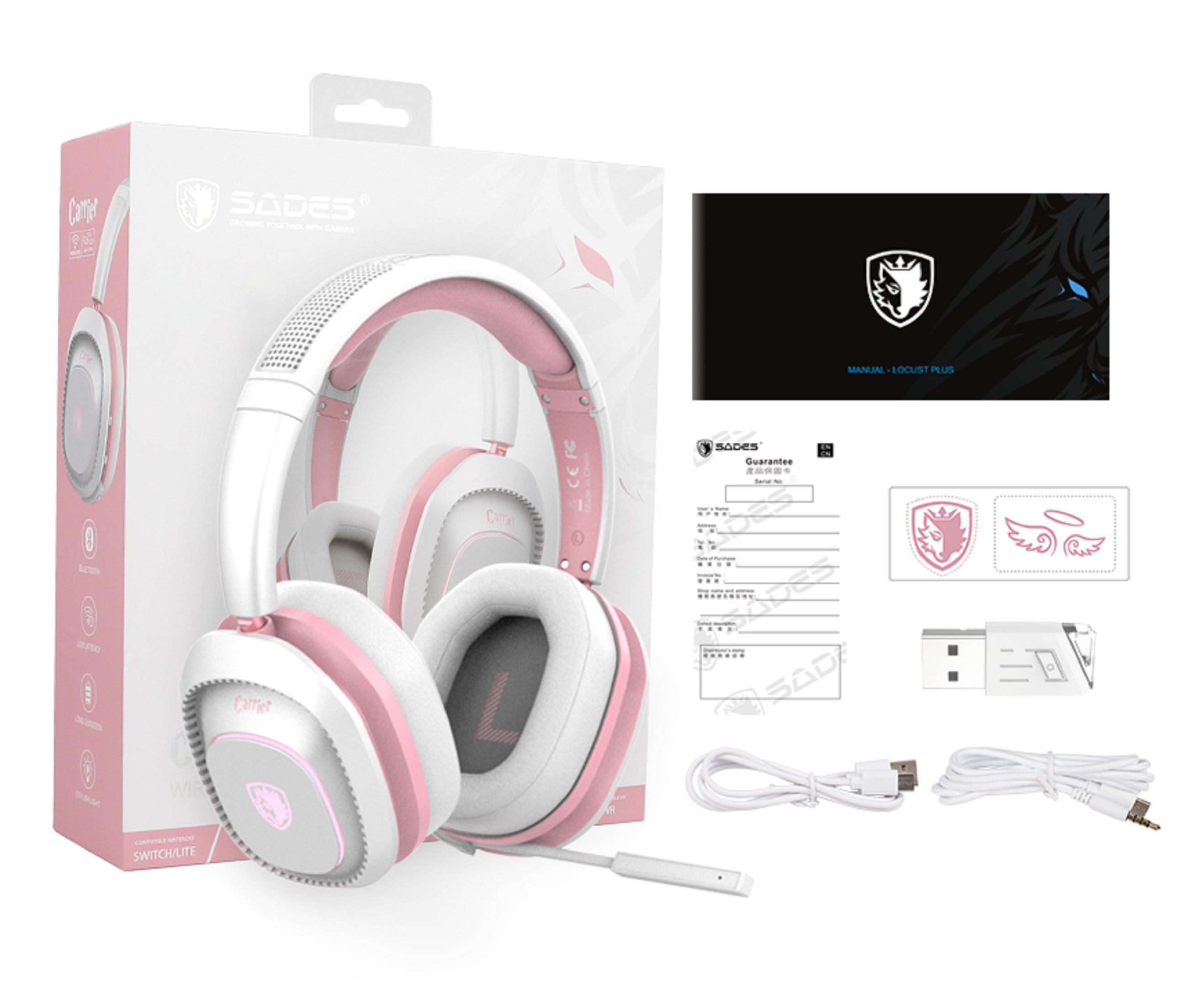 Ein rosa-weißes Gaming-Headset, Box und Zubehör auf weißem Hintergrund.