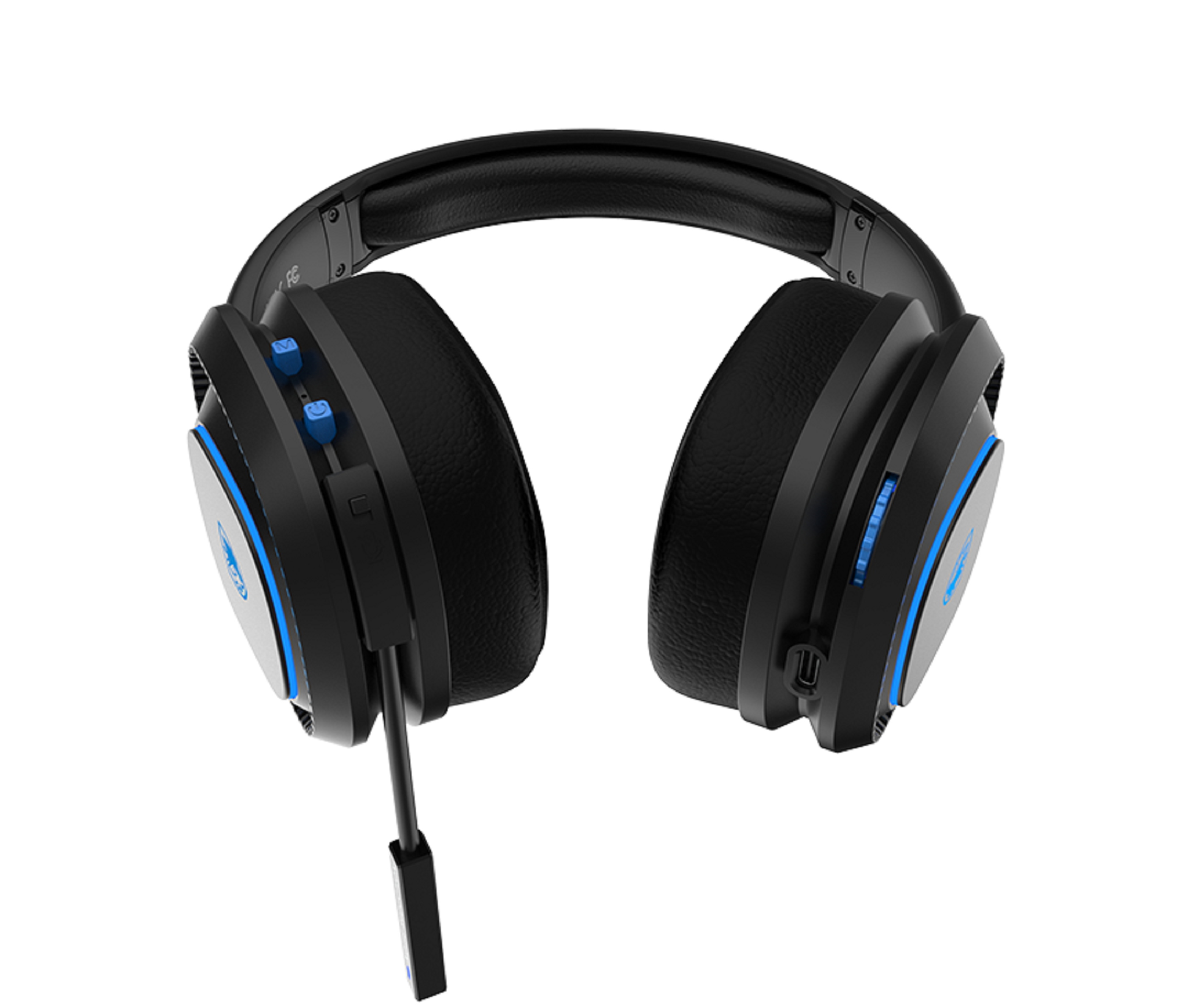 Schwarzes und blaues Gaming-Headset mit Mikrofon. Weißer Hintergrund, klare Ansicht.