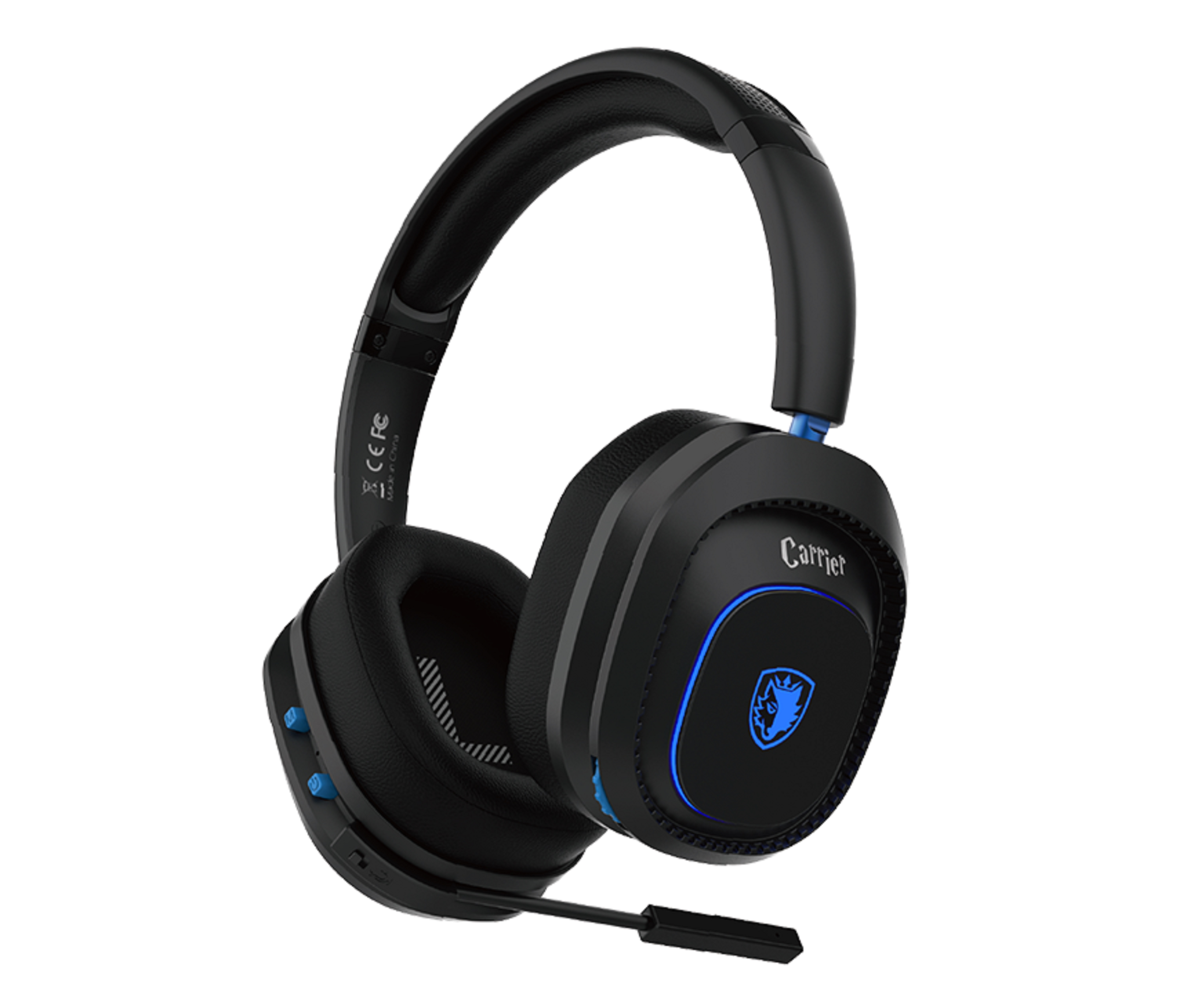 Schwarze und blaue Gaming-Kopfhörer mit Mikrofon, freigestellt.