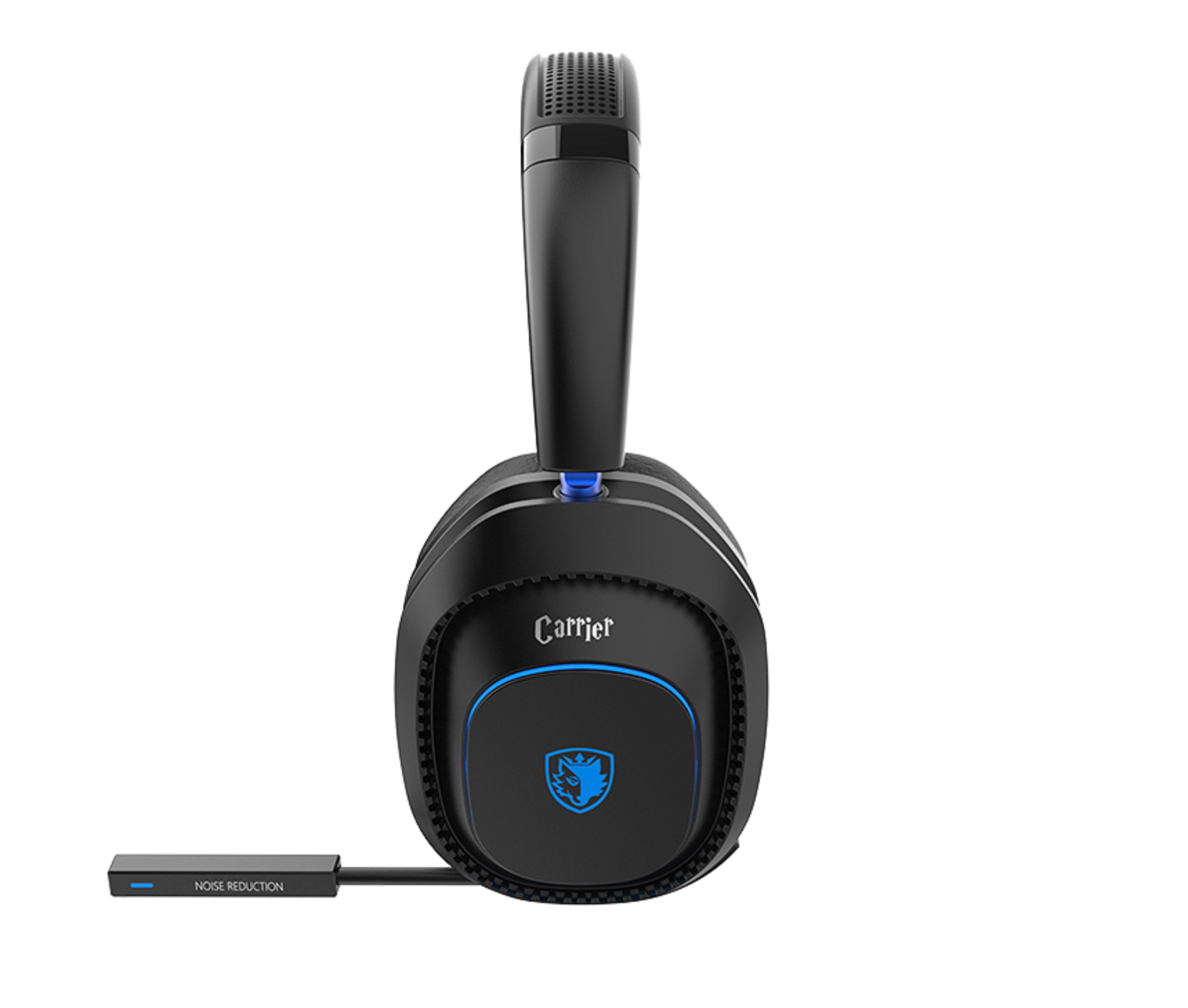 Schwarzes Gaming-Headset mit Mikrofon. Das Headset hat blaue Akzente und die Marke ist Carrier.