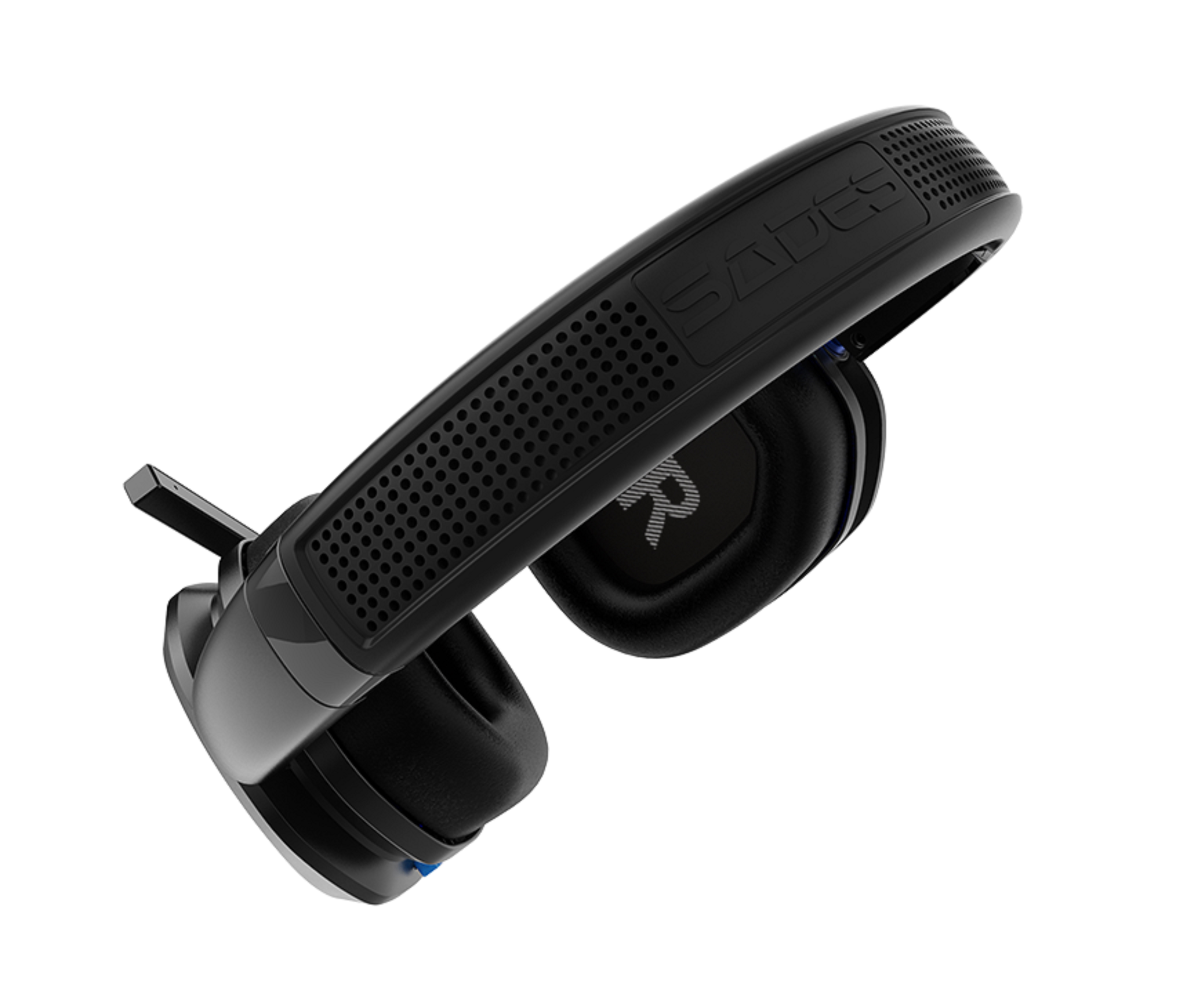 Schwarzes Gaming-Headset, schräge Ansicht, mit Markenname.