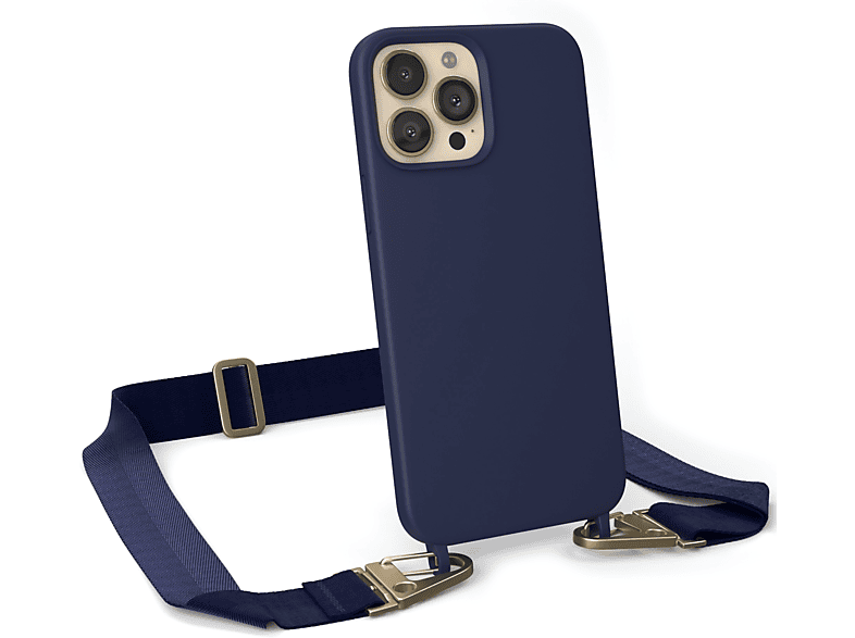 CASE 13 Premium Kette Karabiner EAZY / Gold Silikon mit Apple, Hülle, Handy Pro Blau Umhängetasche, Dunkel iPhone Breit Max,