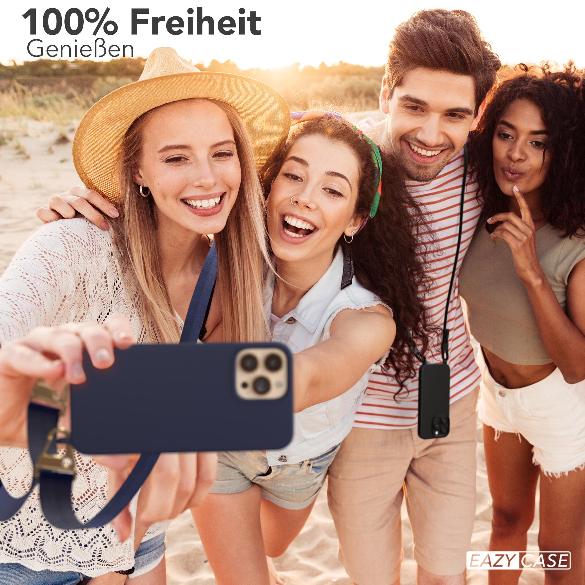 EAZY iPhone Dunkel Umhängetasche, Breit Premium Gold 13 Apple, Handy / Karabiner CASE Hülle, Max, mit Kette Silikon Pro Blau