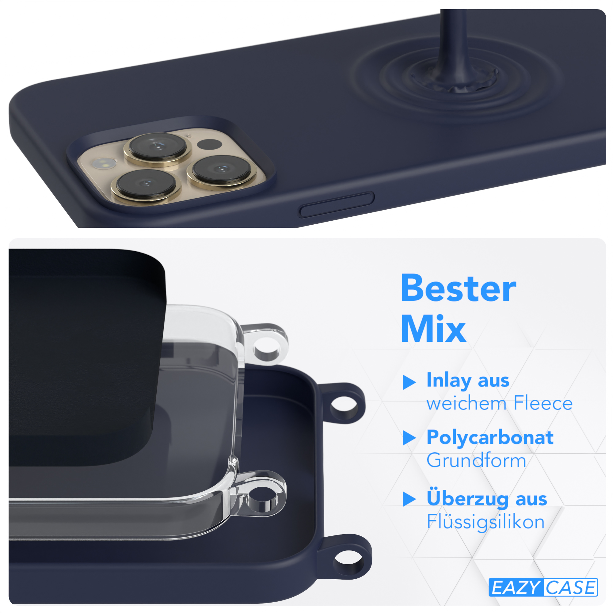 CASE 13 Premium Kette Karabiner EAZY / Gold Silikon mit Apple, Hülle, Handy Pro Blau Umhängetasche, Dunkel iPhone Breit Max,