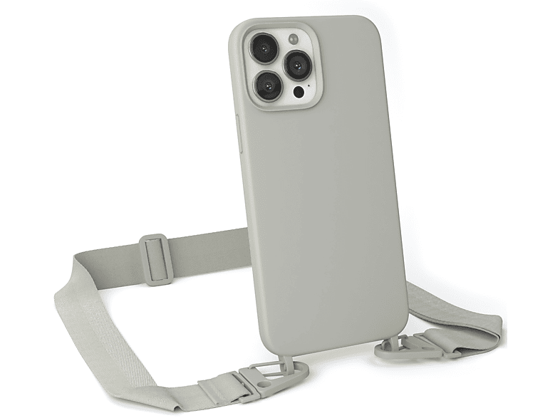 13 Max, iPhone Apple, Grau Breit Silikon Premium / EAZY Beige Kette Umhängetasche, mit CASE Pro Hülle, Karabiner Taupe Handy