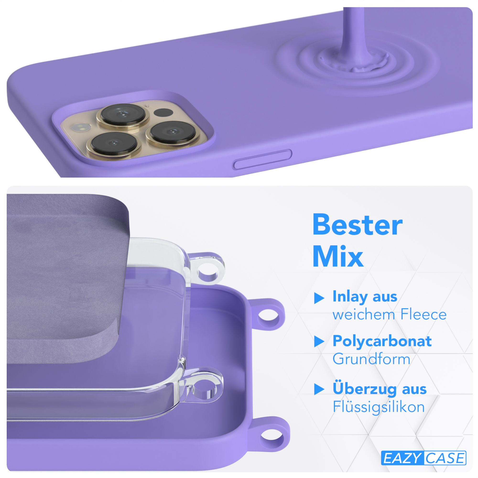 Eine lila Handyhülle mit mehrschichtigem Design, die das Innere der Hülle und das Telefon zeigt.