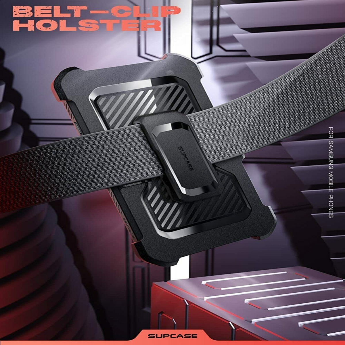 Handyhülle mit Gürtelclip-Holster, schwarz-graues Design.