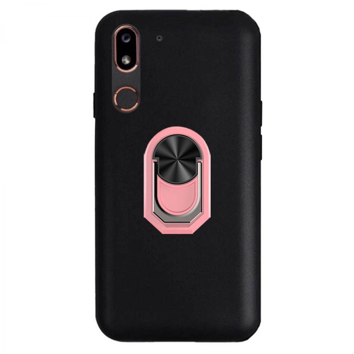 Schwarzes Telefon mit einem rosa und metallischen Ringhalter. Der Hintergrund ist weiß.