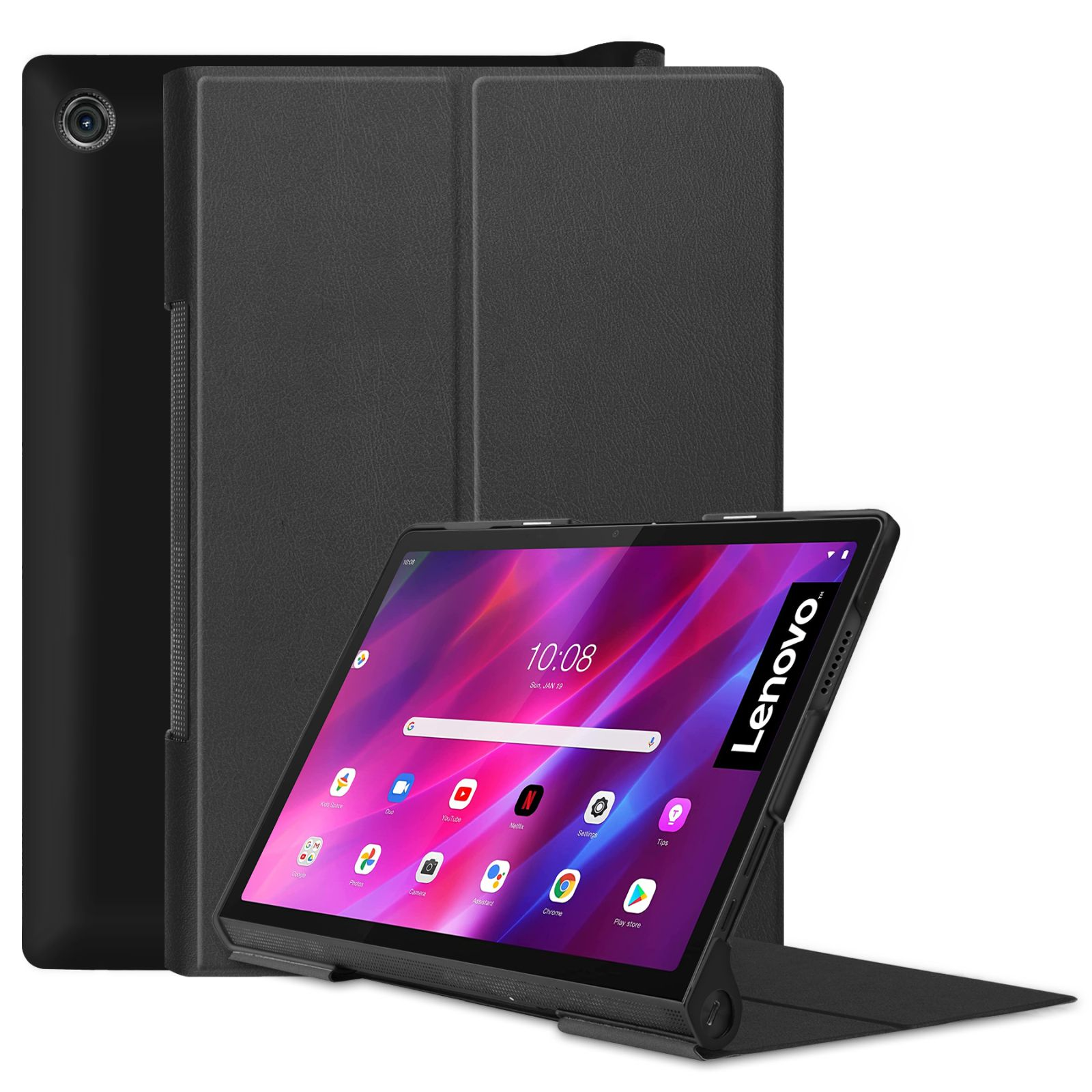 Schwarzes Tablet mit schwarzer Hülle. Der Tablet-Bildschirm zeigt eine App-Oberfläche. Die Hülle lässt sich falten.
