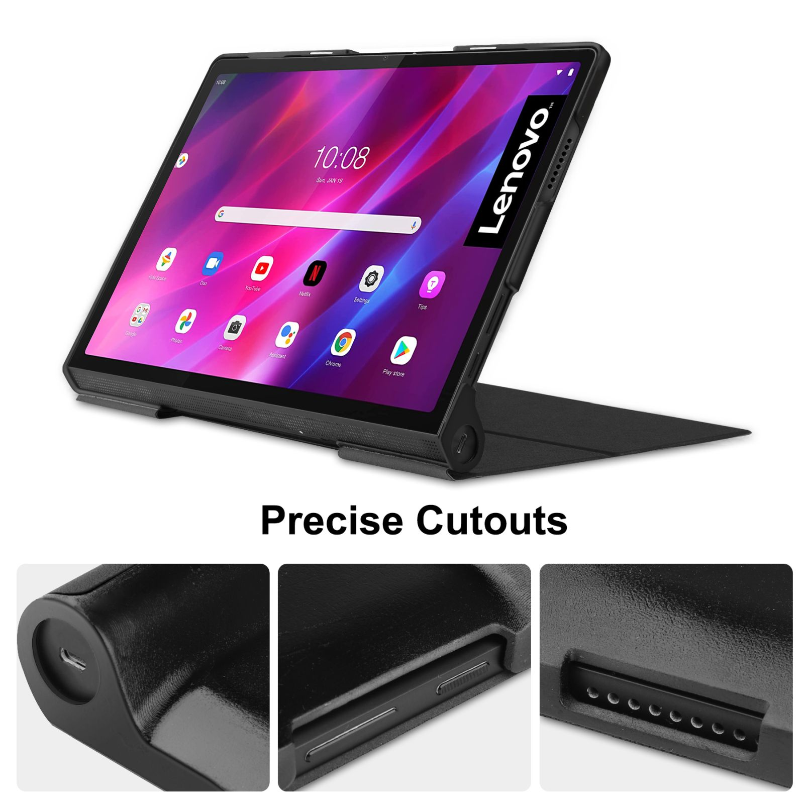 Tablet in schwarzer Hülle mit Ständer. Präzise Ausschnitte sind unten gezeigt.