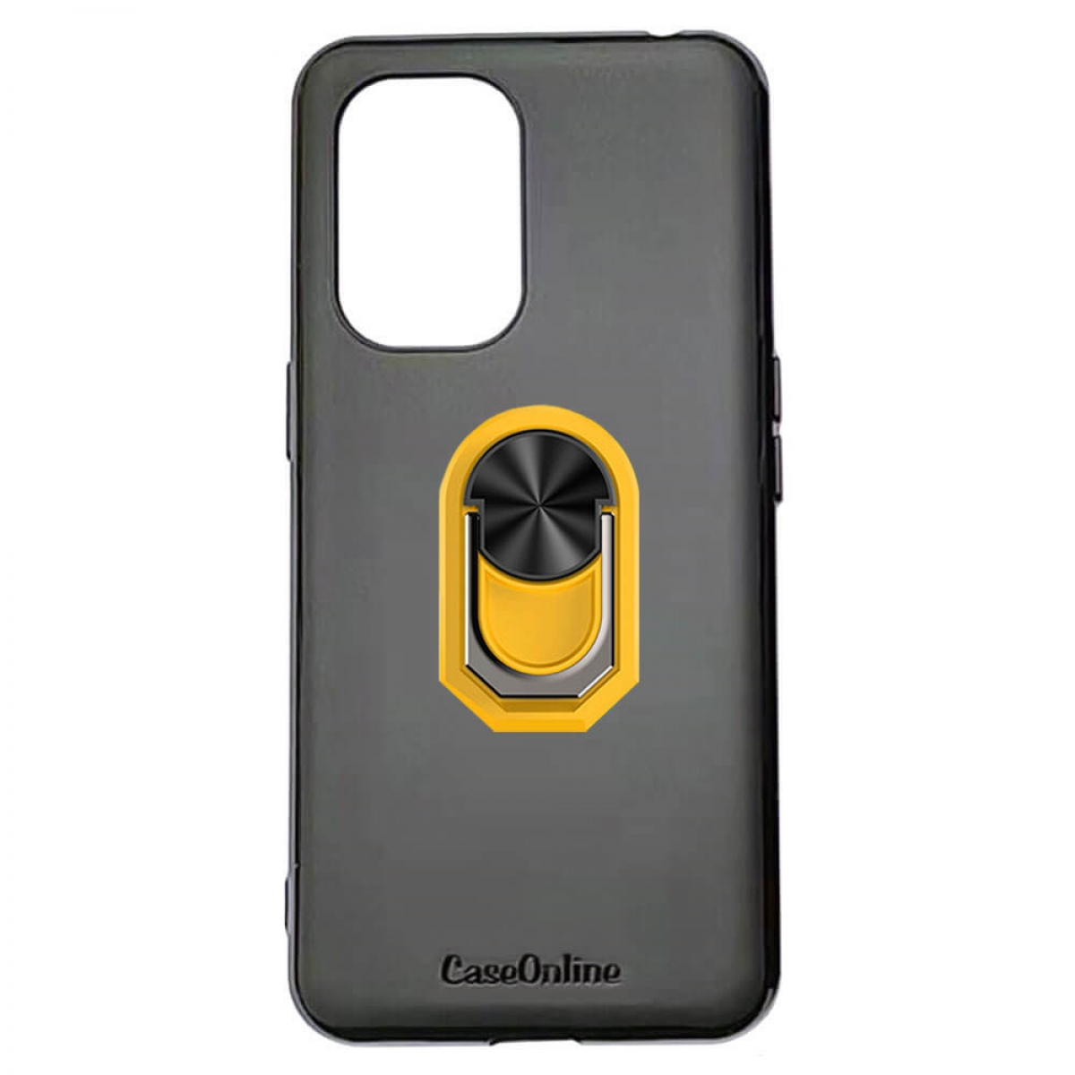 Eine schwarze Handyhülle mit gelbem Ringhalter, markiert mit dem 'CaseOnline'-Logo.