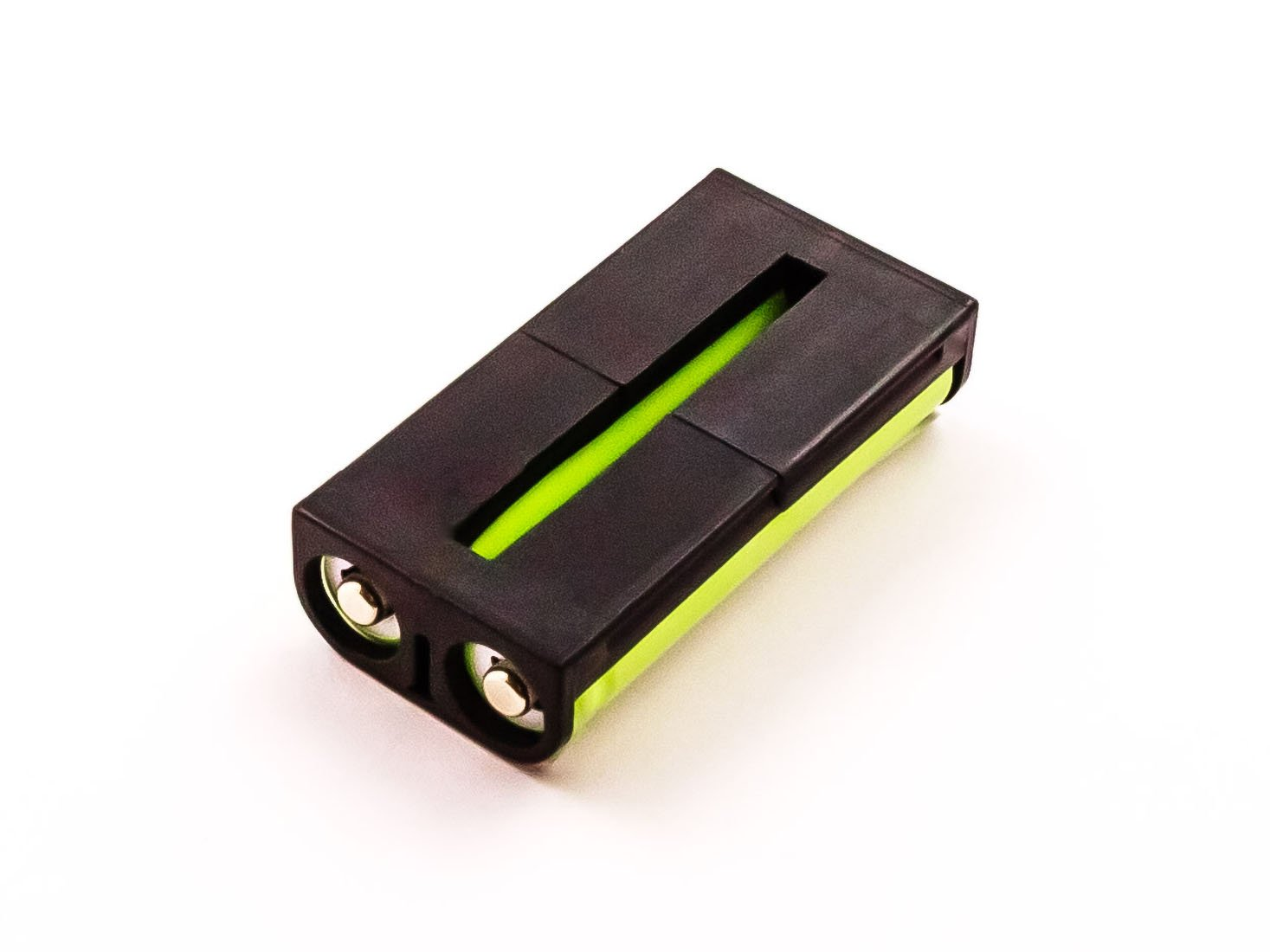 Schwarzer und grüner Batteriehalter für zwei Batterien, auf weißer Oberfläche.