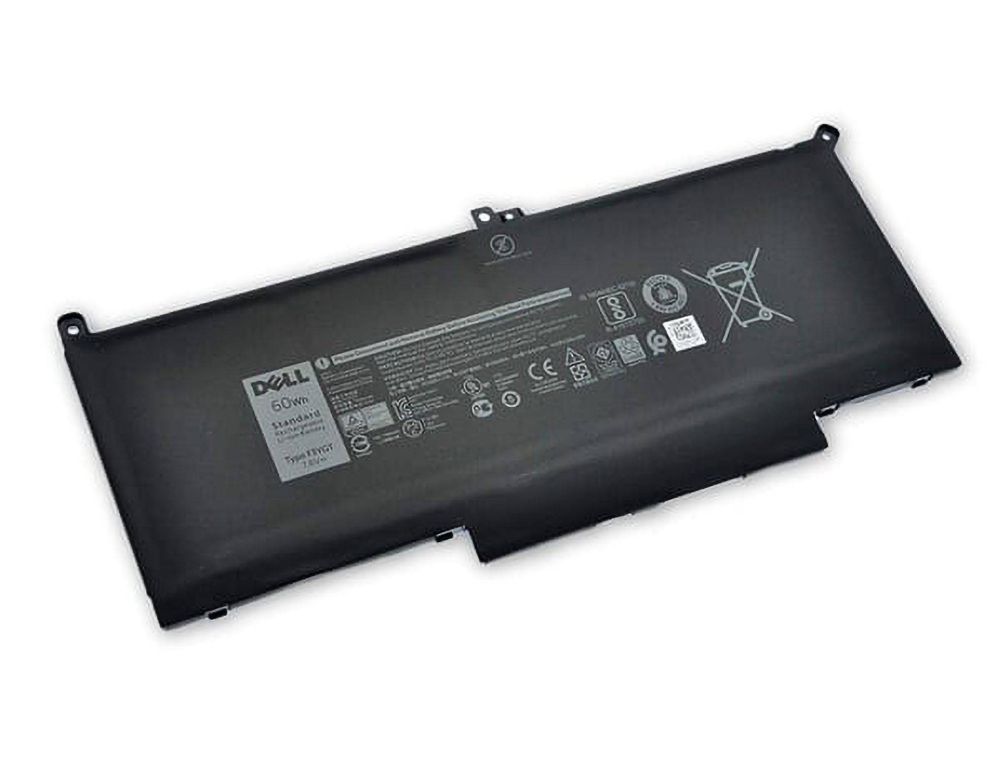 Schwarzer Dell Laptop-Akku mit Etiketten und Markierungen auf weißer Oberfläche.