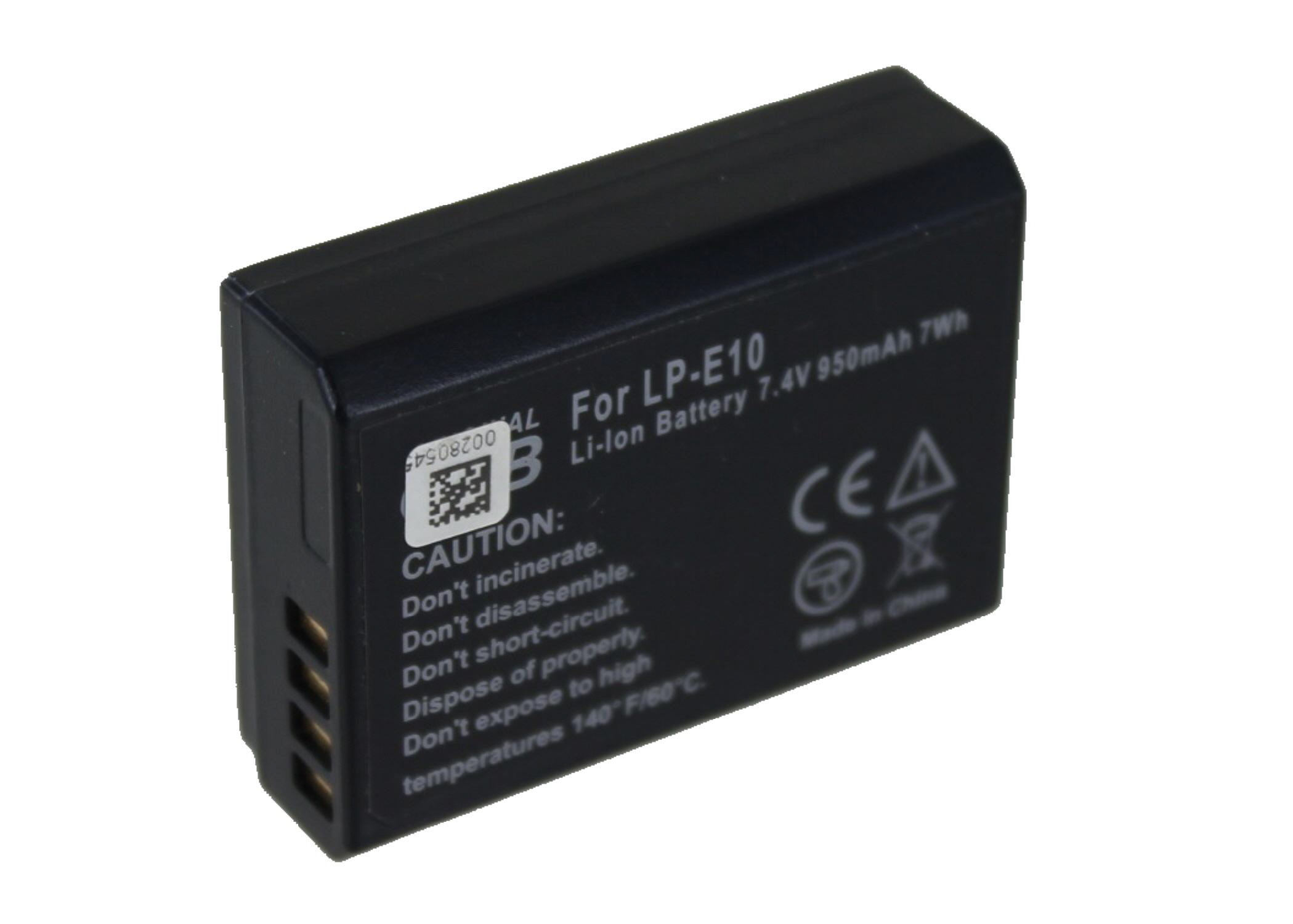 Schwarze, rechteckige Batterie. Text: Für LP-E10, 7,4 V 950 mAh 7 Wh. Achtung: Verbrennung, Zerlegung, Kurzschluss, hohe Temperaturen.