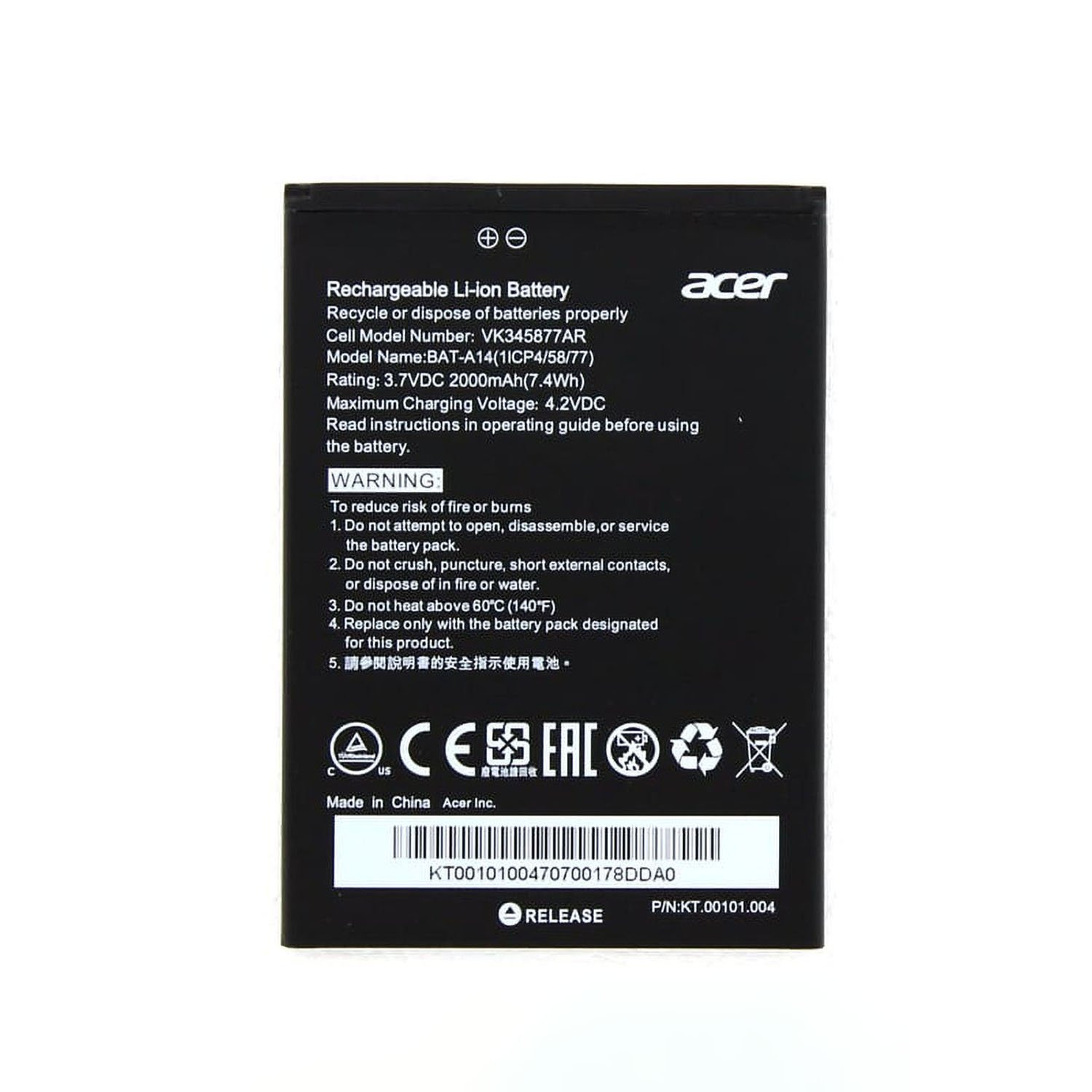 Schwarze wiederaufladbare Acer Li-Ionen-Batterie mit Warnungen und Textdetails auf der Vorderseite.
