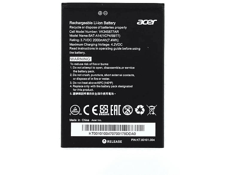 ACER Original Akku für Acer KT.00101.002 Li-Ion Handy-/Smartphoneakku, Li-Ion, 3.7 Volt, 2000 mAh