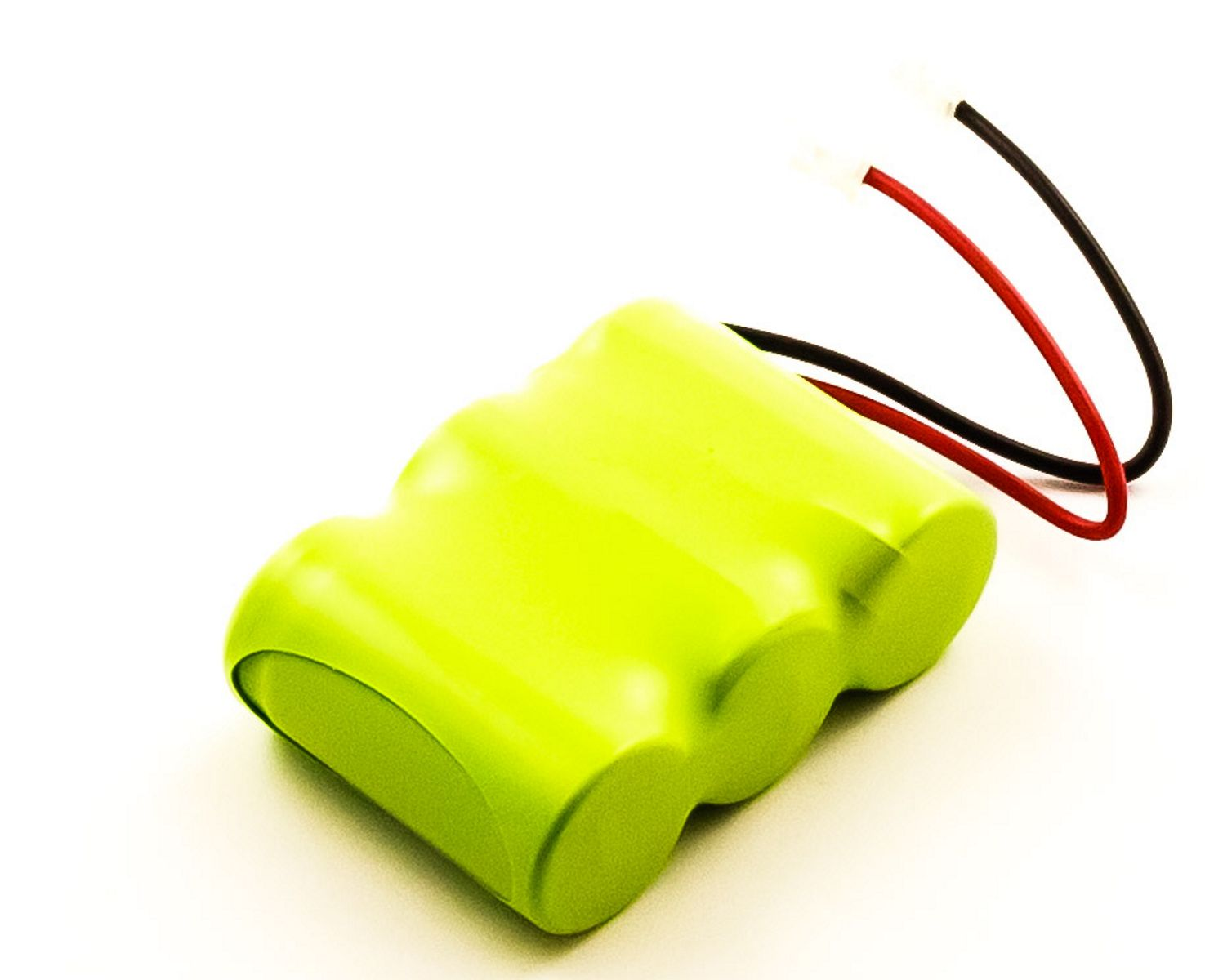 Grünes Batteriepack mit drei Zellen und Drähten. Es hat eine hellgrüne Farbe und liegt auf weißem Grund.